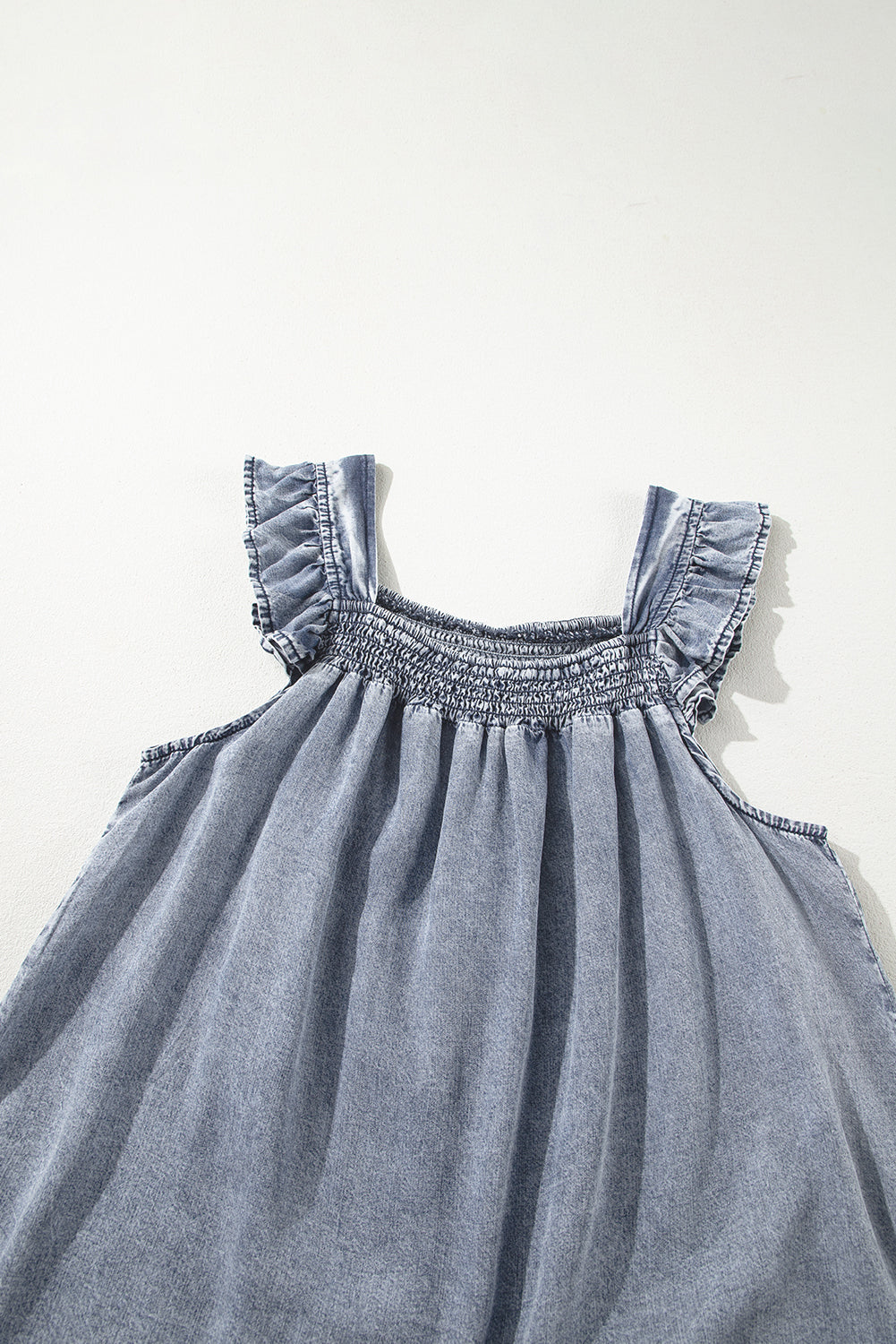 Ashleigh Blue Ruffled Shirred Neckline Sleeveless Denim Tank Top eAura