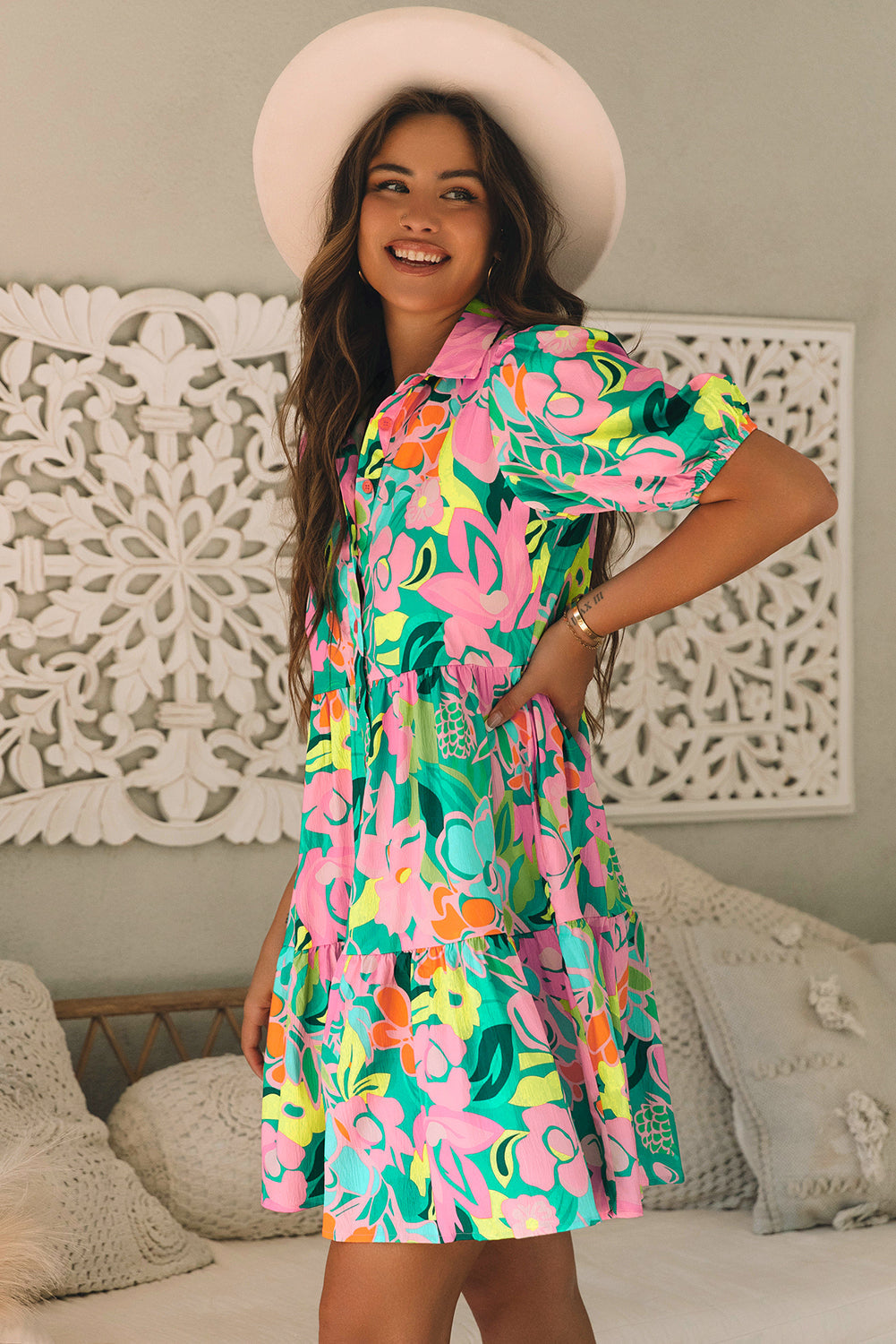 Green Floral Puff Sleeve Collar Buttoned Babydoll Dress eAura