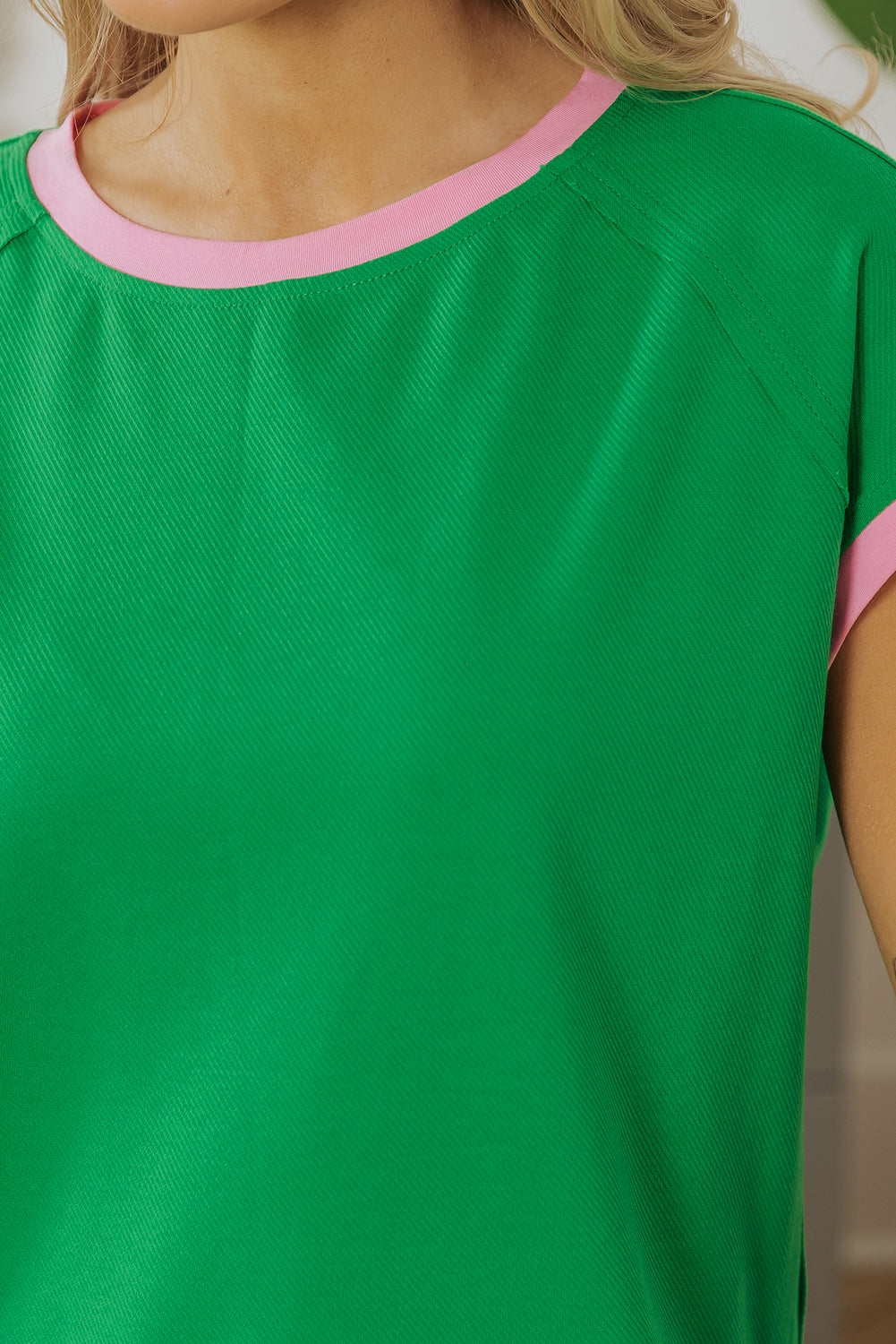 Bright Green Two Tone Contrast Textured Crewneck Tee and Shorts Set eAura