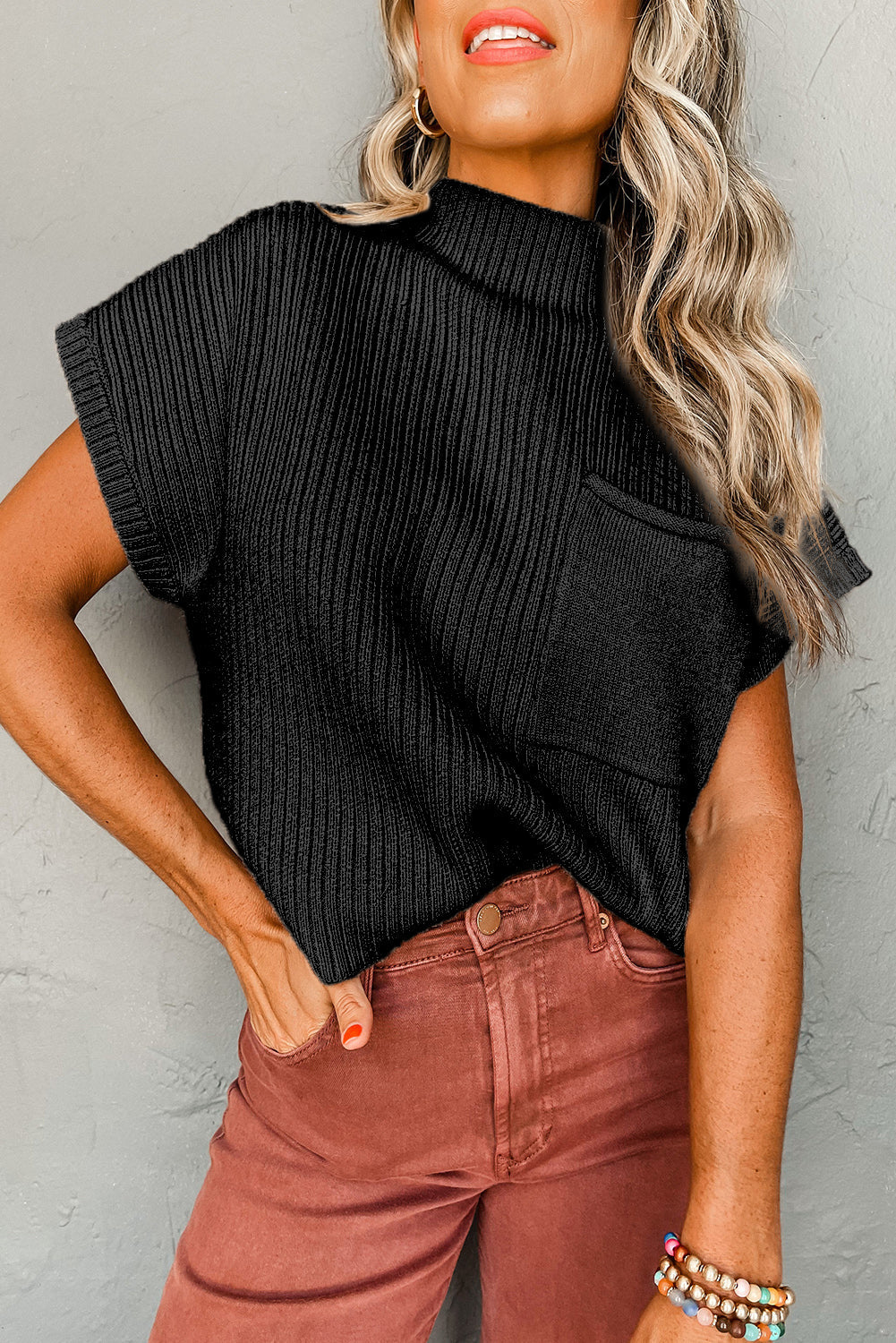 Black Patch Pocket Ribbed Knit Short Sleeve Sweater eAura