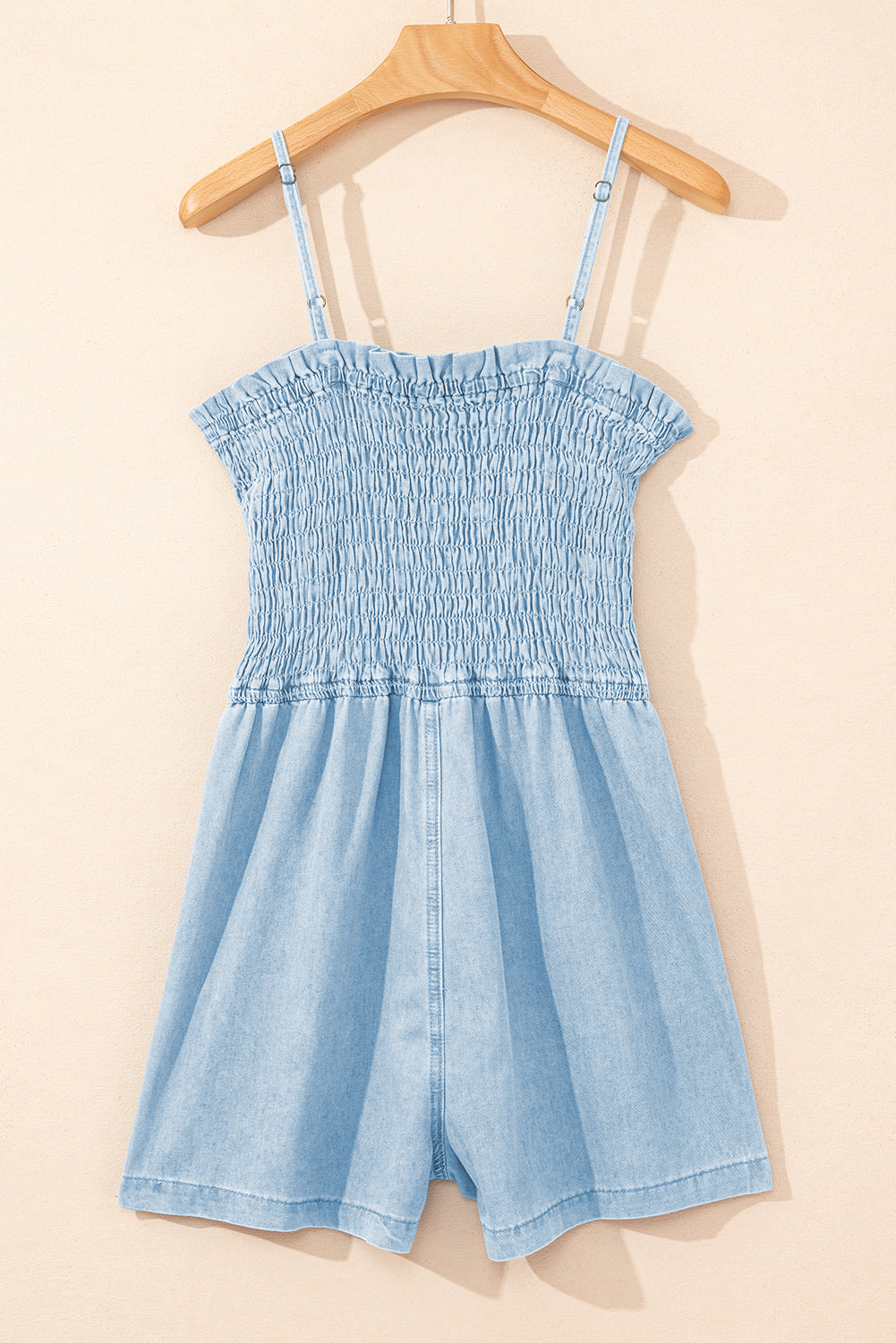 Beau Blue Spaghetti Strap Smocked Denim Romper - eAura