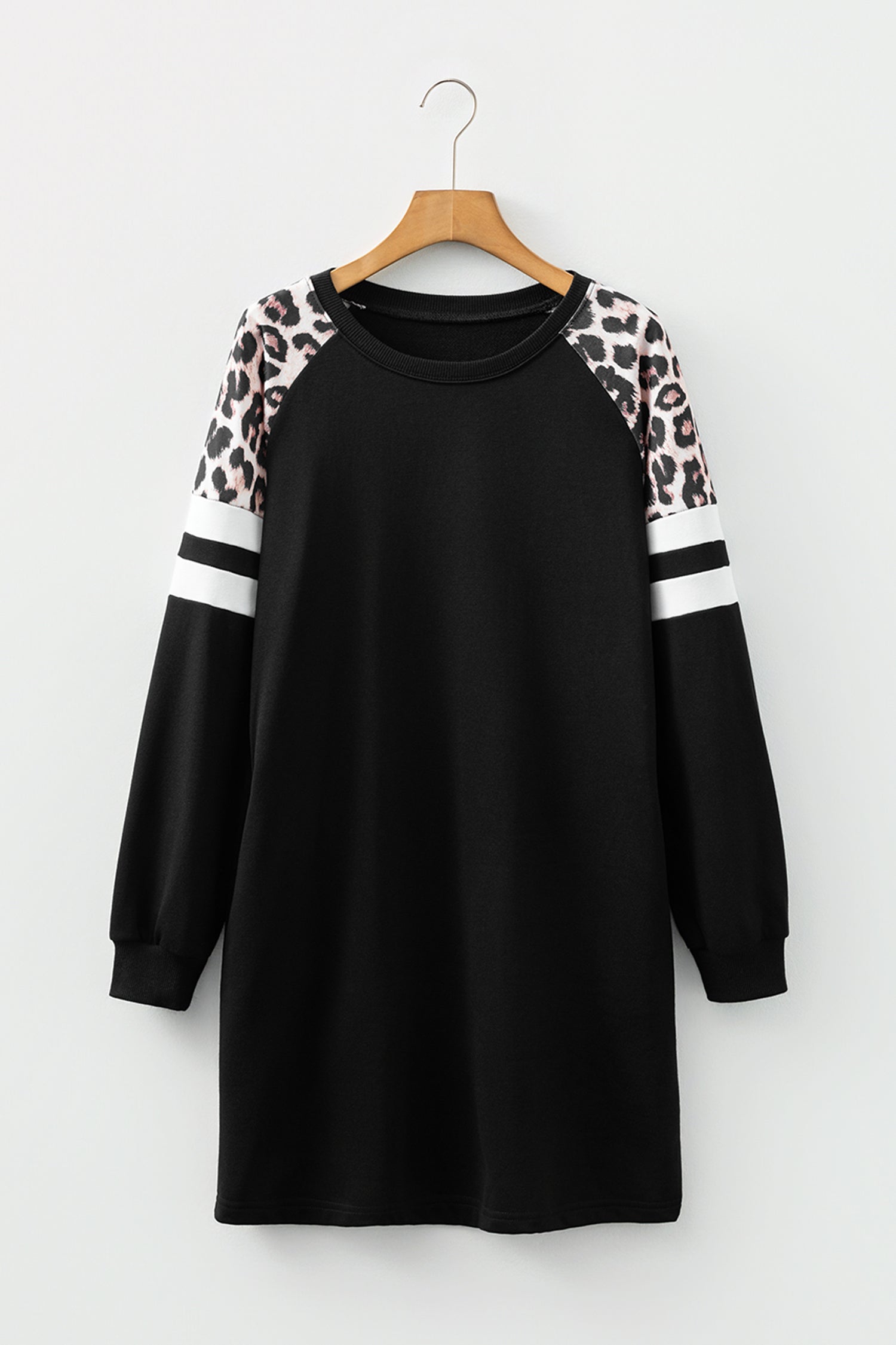 Leopard Print Patchwork Varsity Raglan Sleeve Sweatshirt Dress - eAura