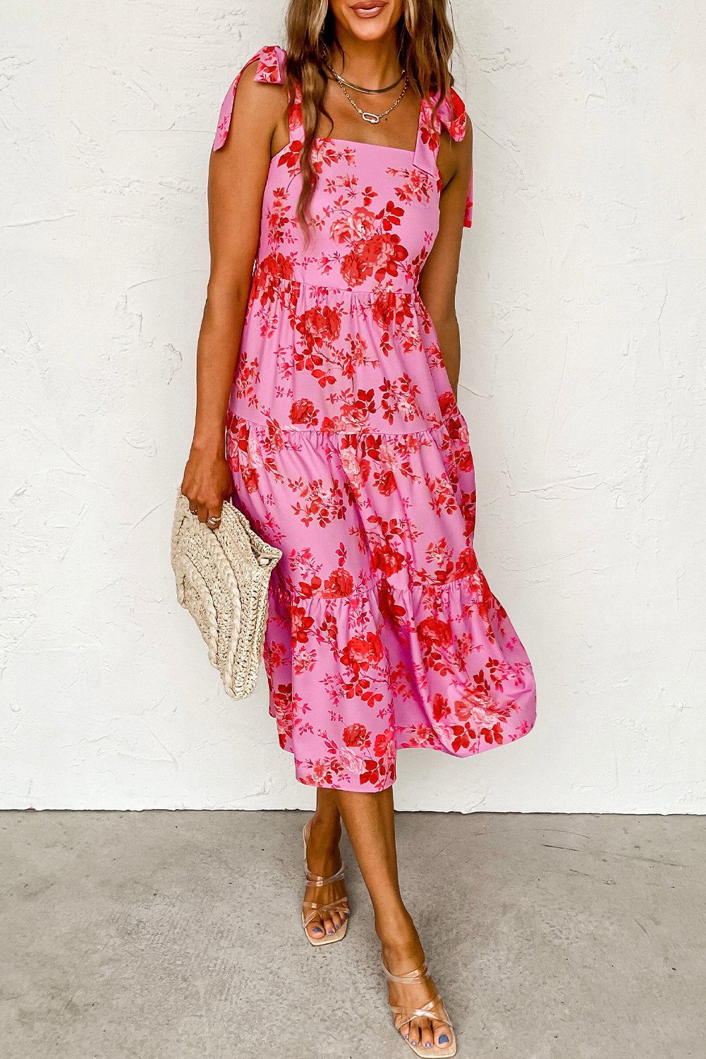 Pink Tie Shoulder Straps Tiered Floral Dress eAura