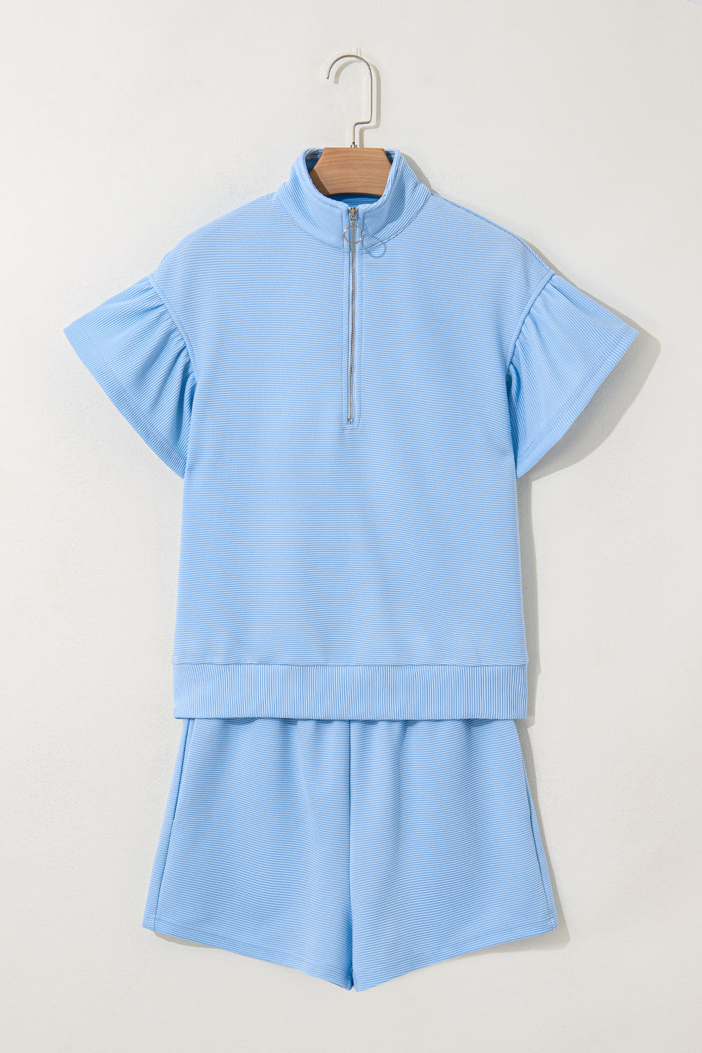 Blue Rib Texture Half Zip Ruffled Short Sleeve Top and Shorts Co-ord Set eAura