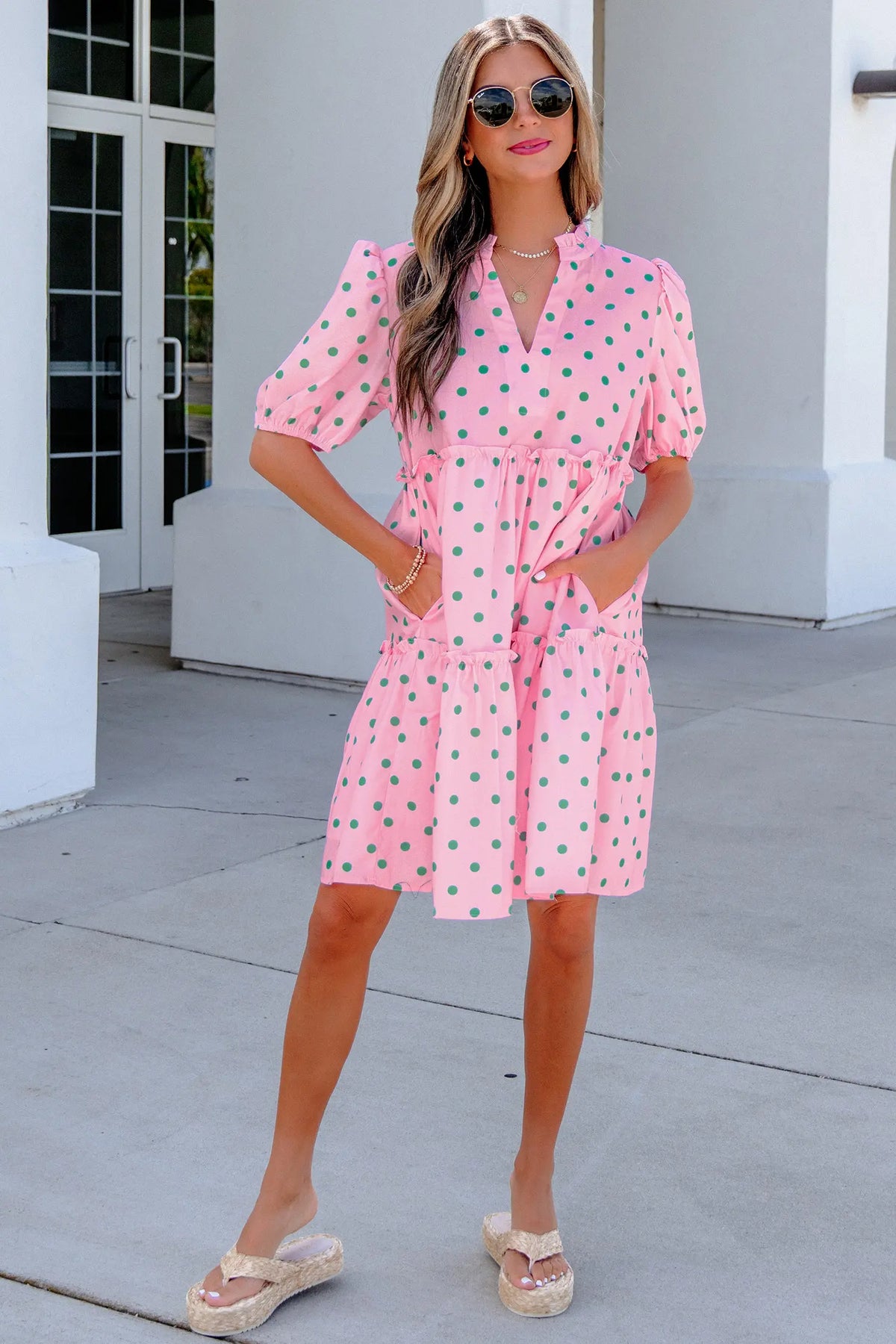 Polka Dot Print V Neck Short Sleeve Tiered Mini Dress – Pink