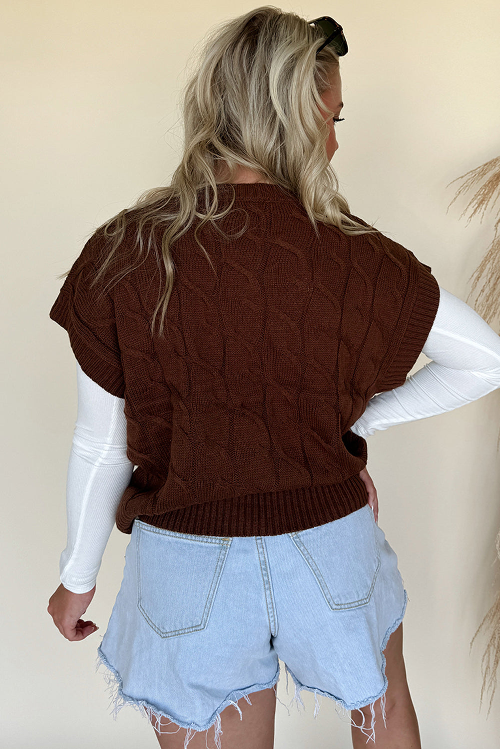 Cable Texture Crew Neck Short Sleeve Sweater Top