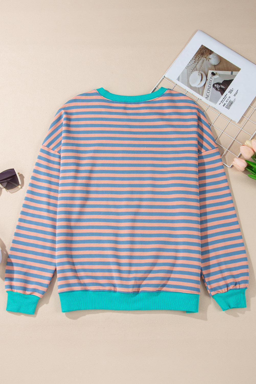 Striped Contrast Ribbed Trim Crossed Stitch Drop Shoulder Sweatshirt - eAura