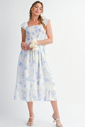 Floral Smocked  Ruffle Sleeveless Long Dress