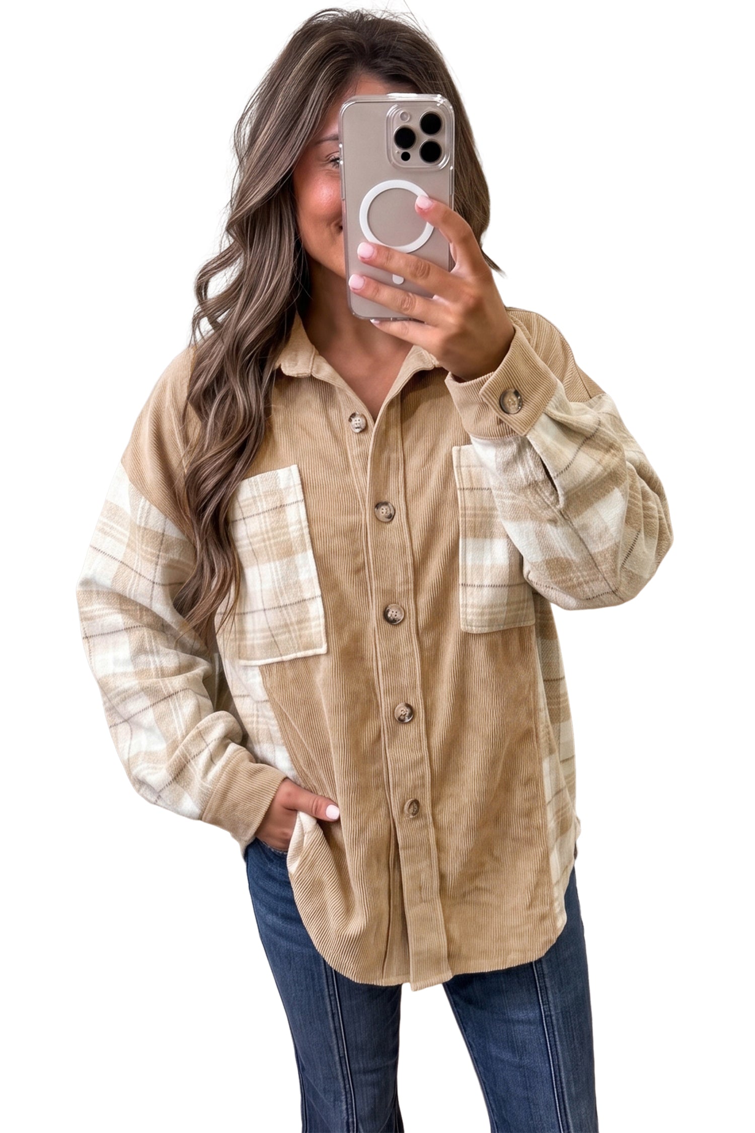 Plaid Colorblock Shirt Collar Shift Shacket – Light French Beige