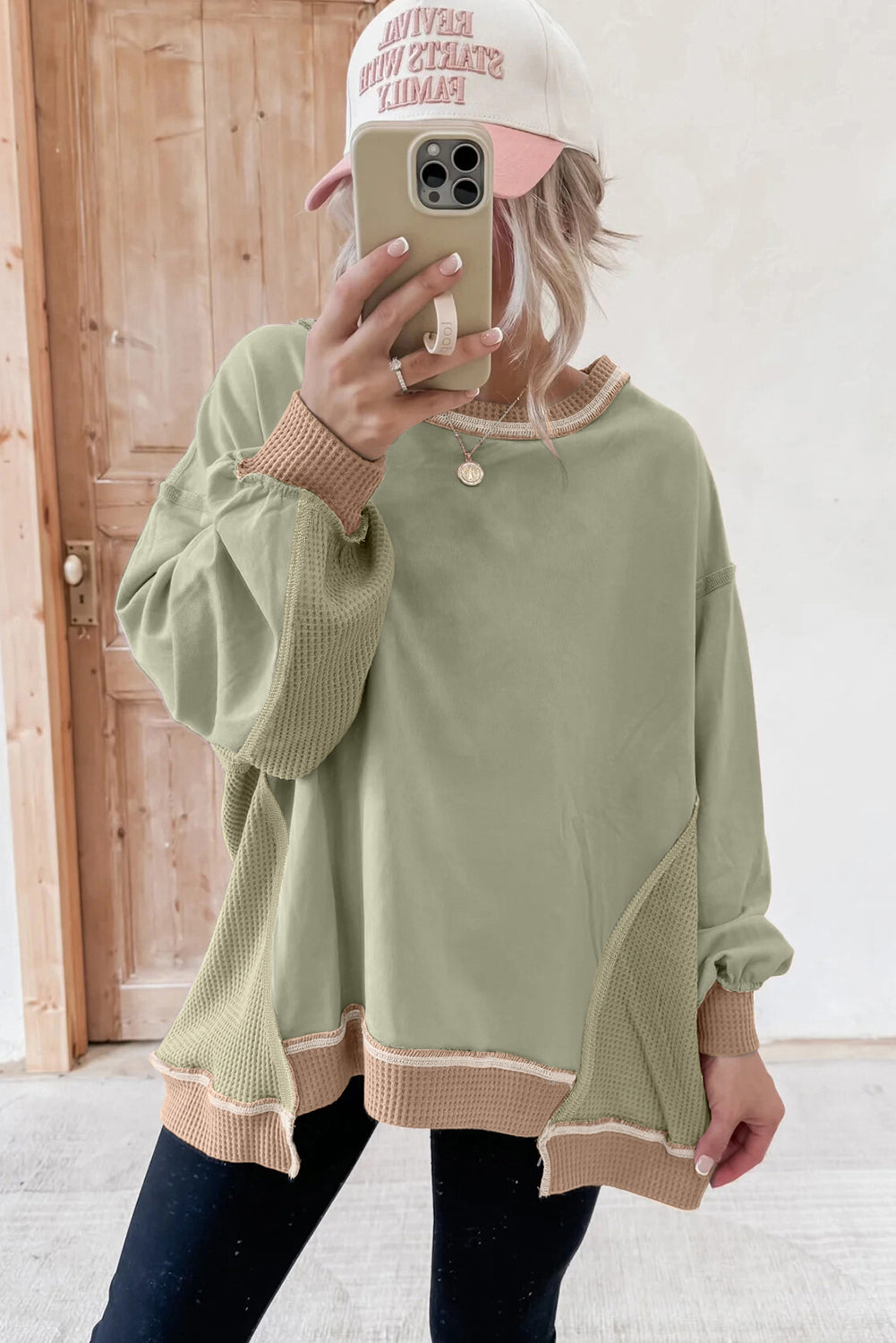 Mix Texture Waffle Patchwork Oversize Sweatshirt - eAura