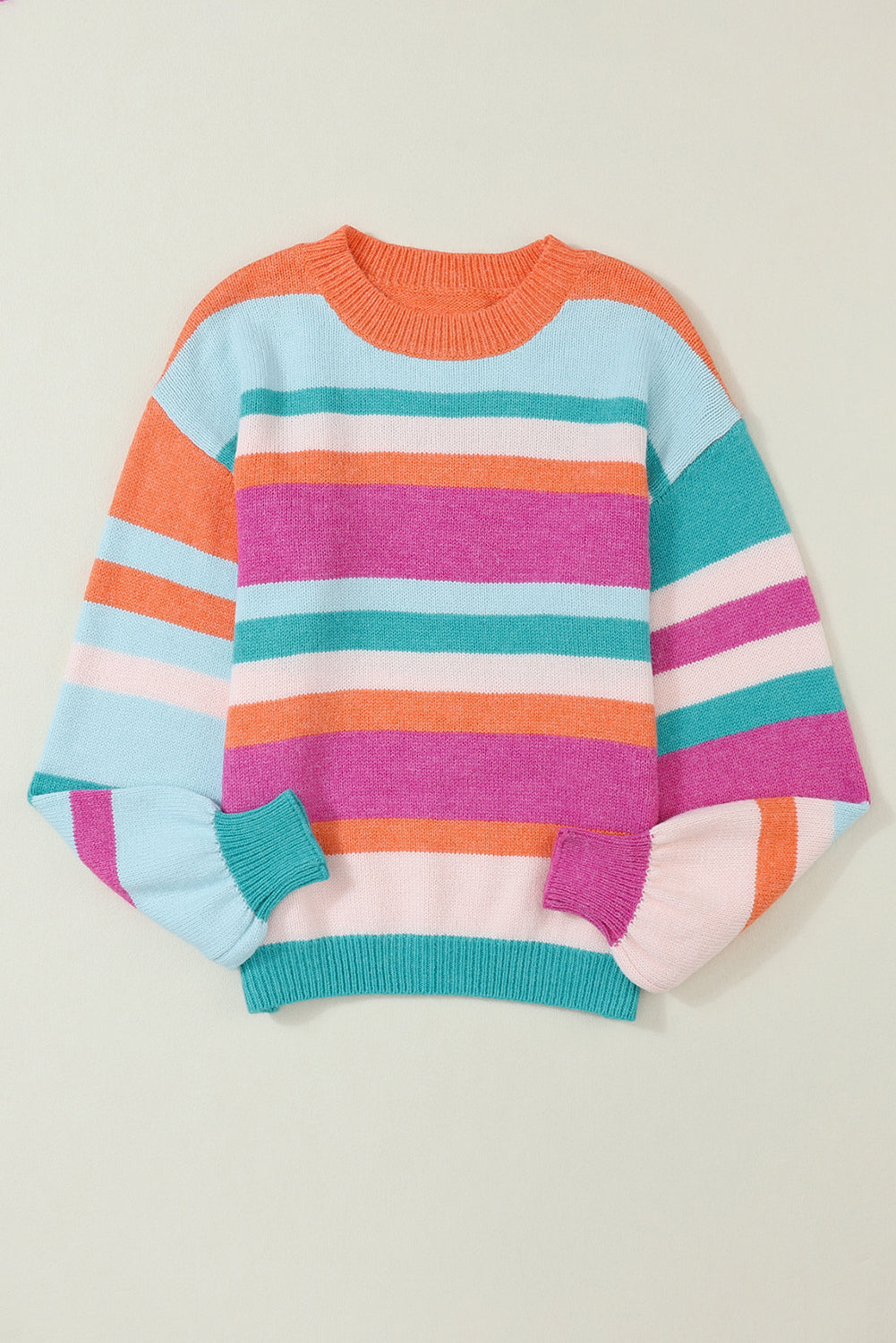 MultiColour Striped Knit Drop Shoulder Puff Sleeve Sweater eAura