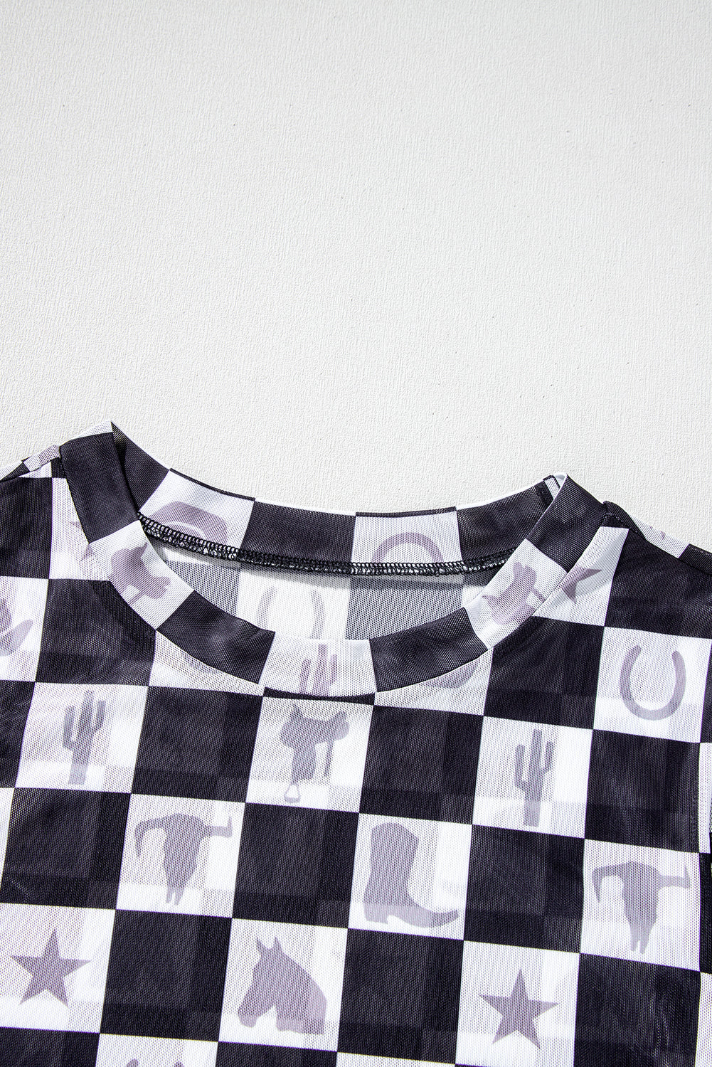 Black Checkerboard Western Elements Printed Mesh Long Sleeve Top eAura