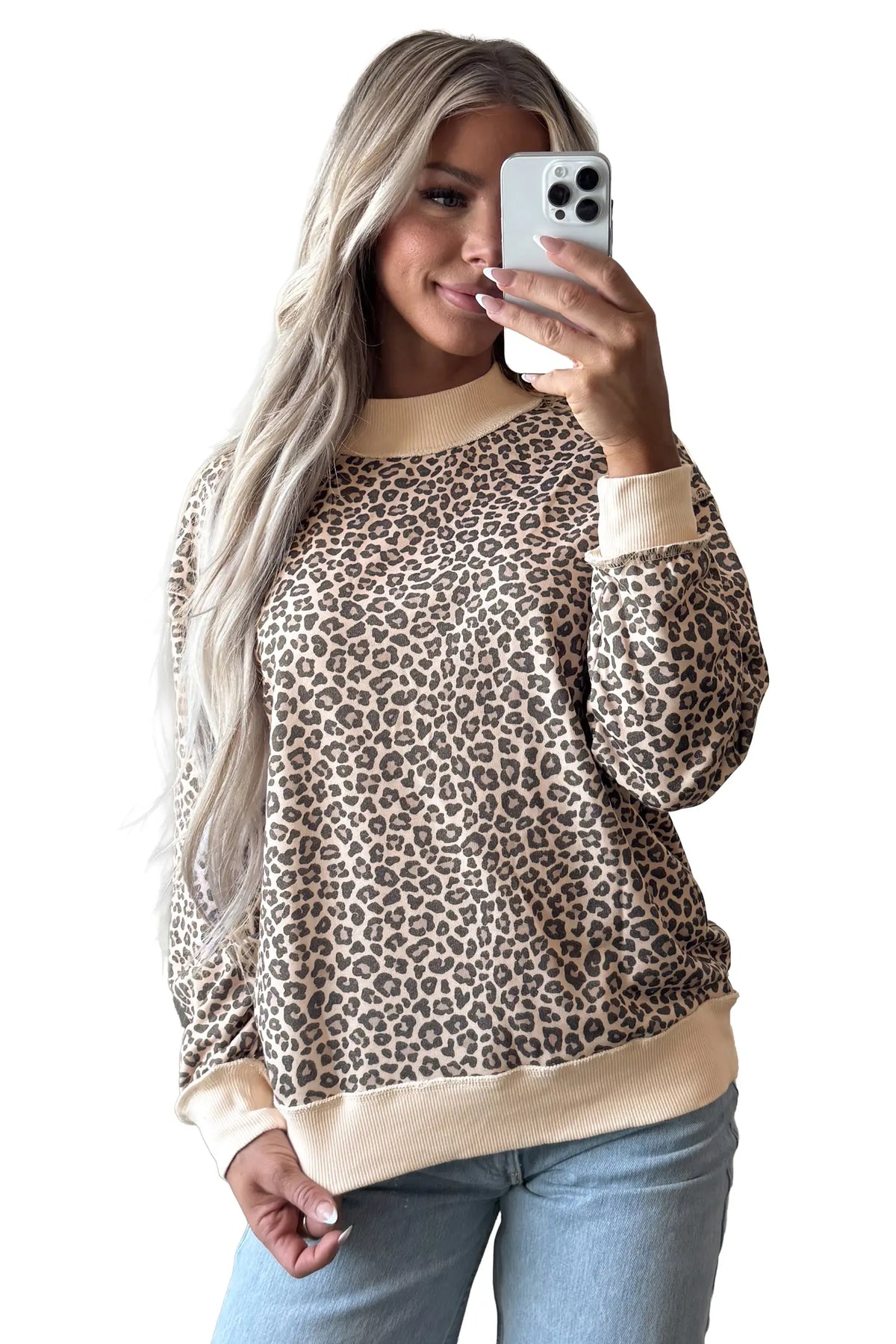Leopard Print High Neck Long Sleeve Ribbed Cuffs Hem Sweatshirt – Multicolour