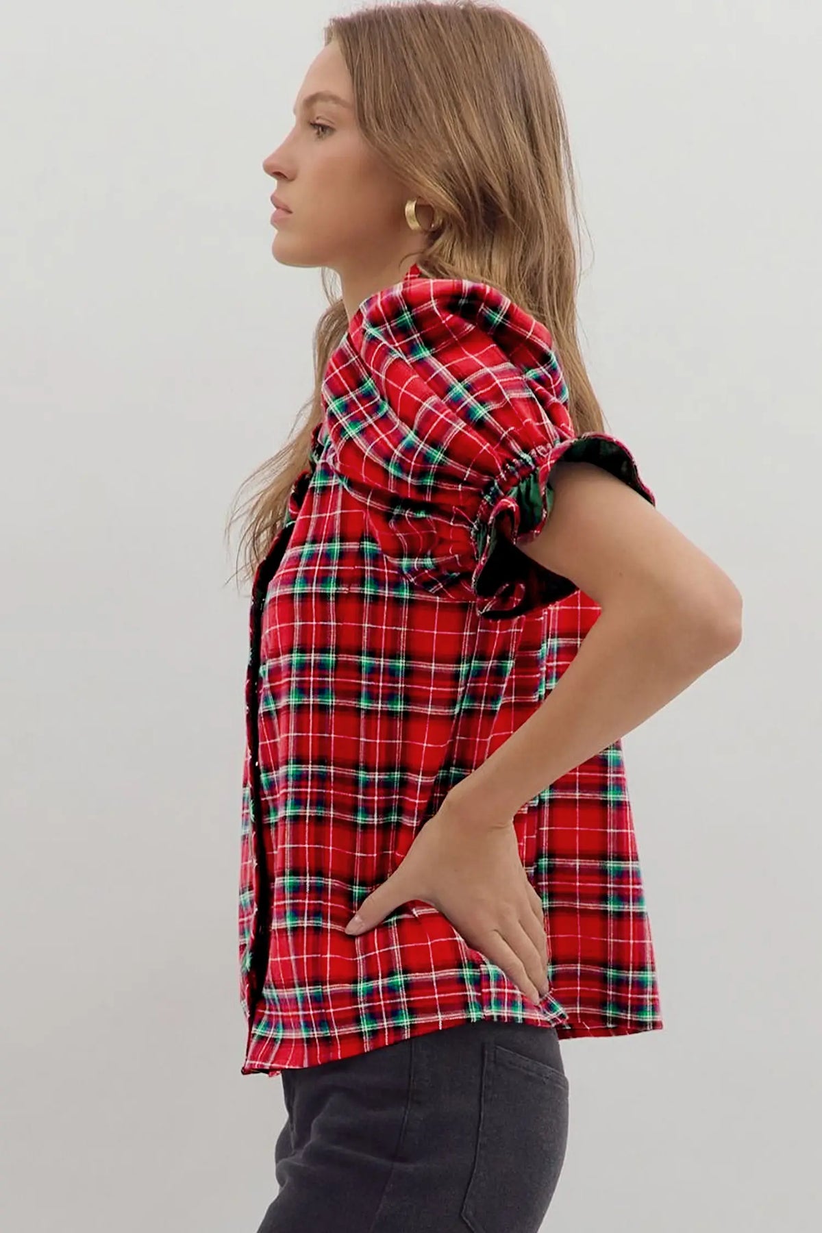 Plaid V Neck Ruffle Colour Block Trim Short Sleeve Shirt