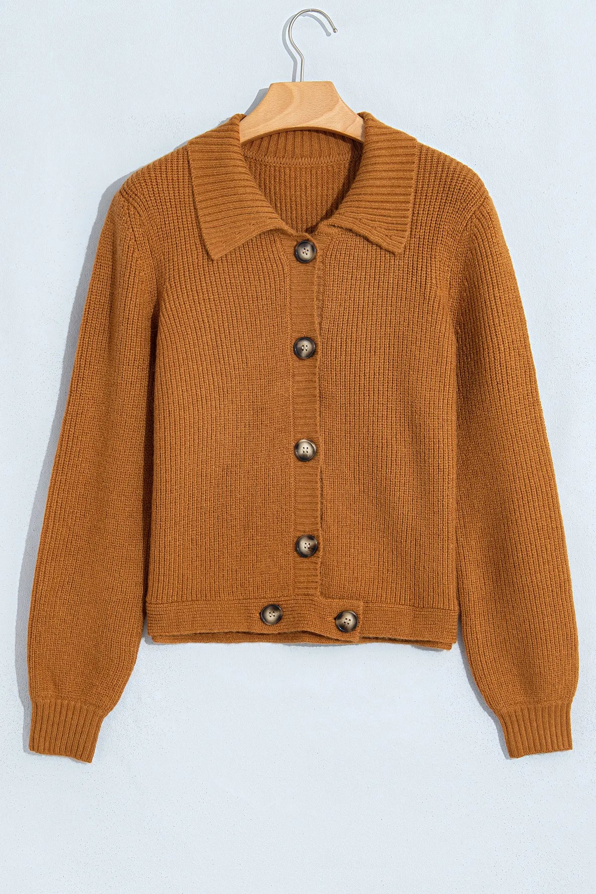 Ribbed Knit Collar Button Front Long Sleeve Cardigan – Mustard