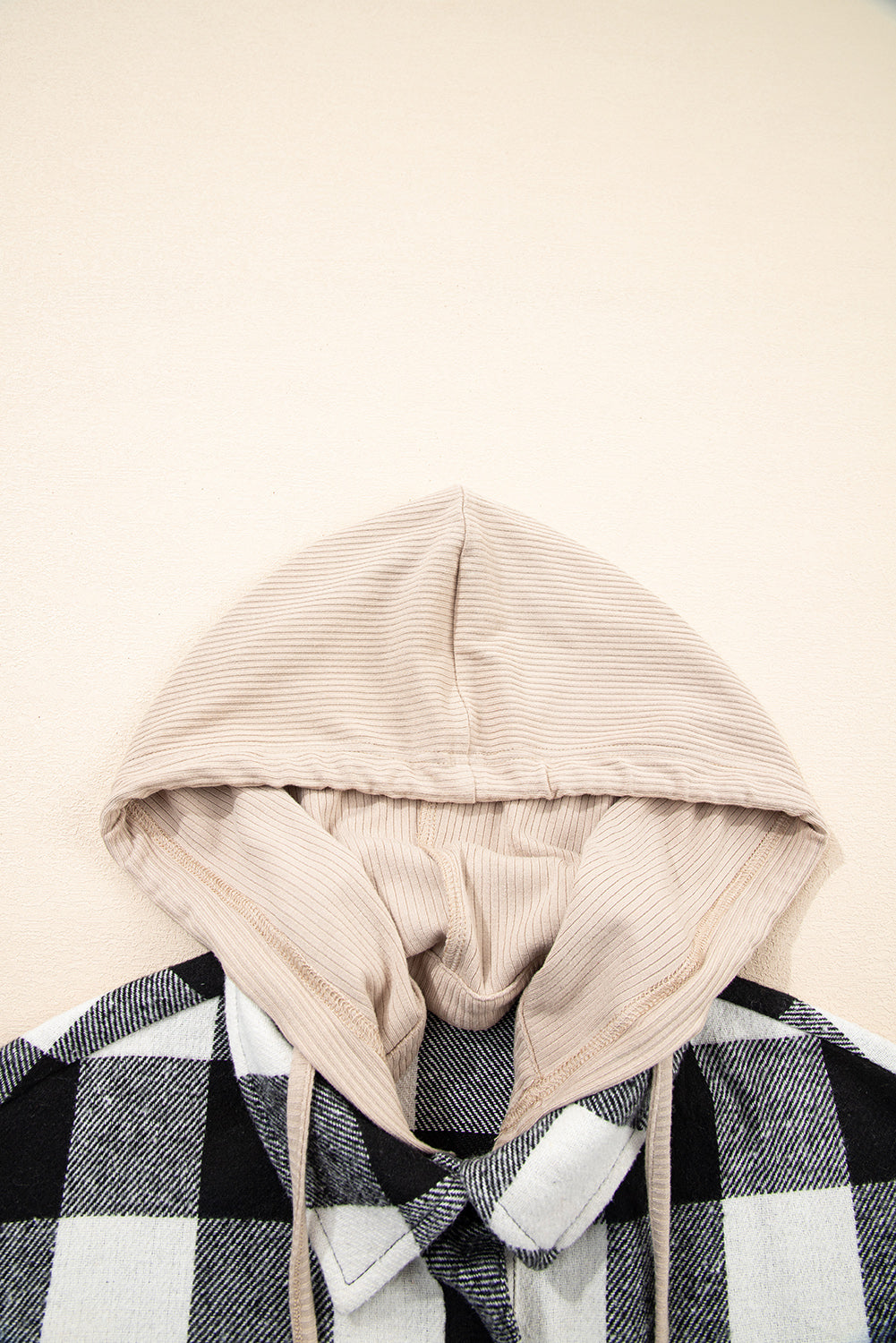 Black Double Plaid Patchwork Drawstring Hooded Shacket eAura