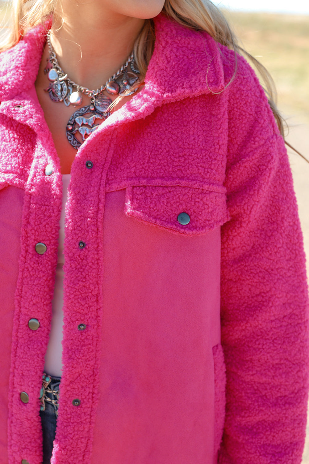 Bright Pink Faux Suede Sherpa Patchwork Button-up Shacket Beagle Boutique Fashion Outlet