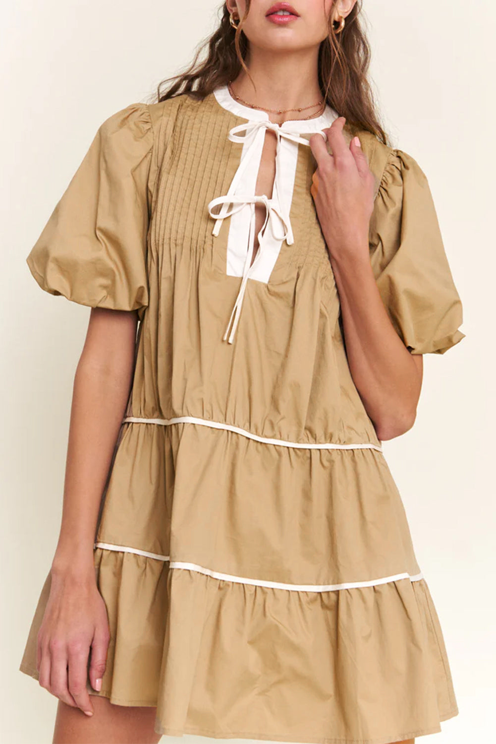 Pale Khaki Contrast Trim Pintuck Puff Sleeve Tied Neck Short Dress eAura