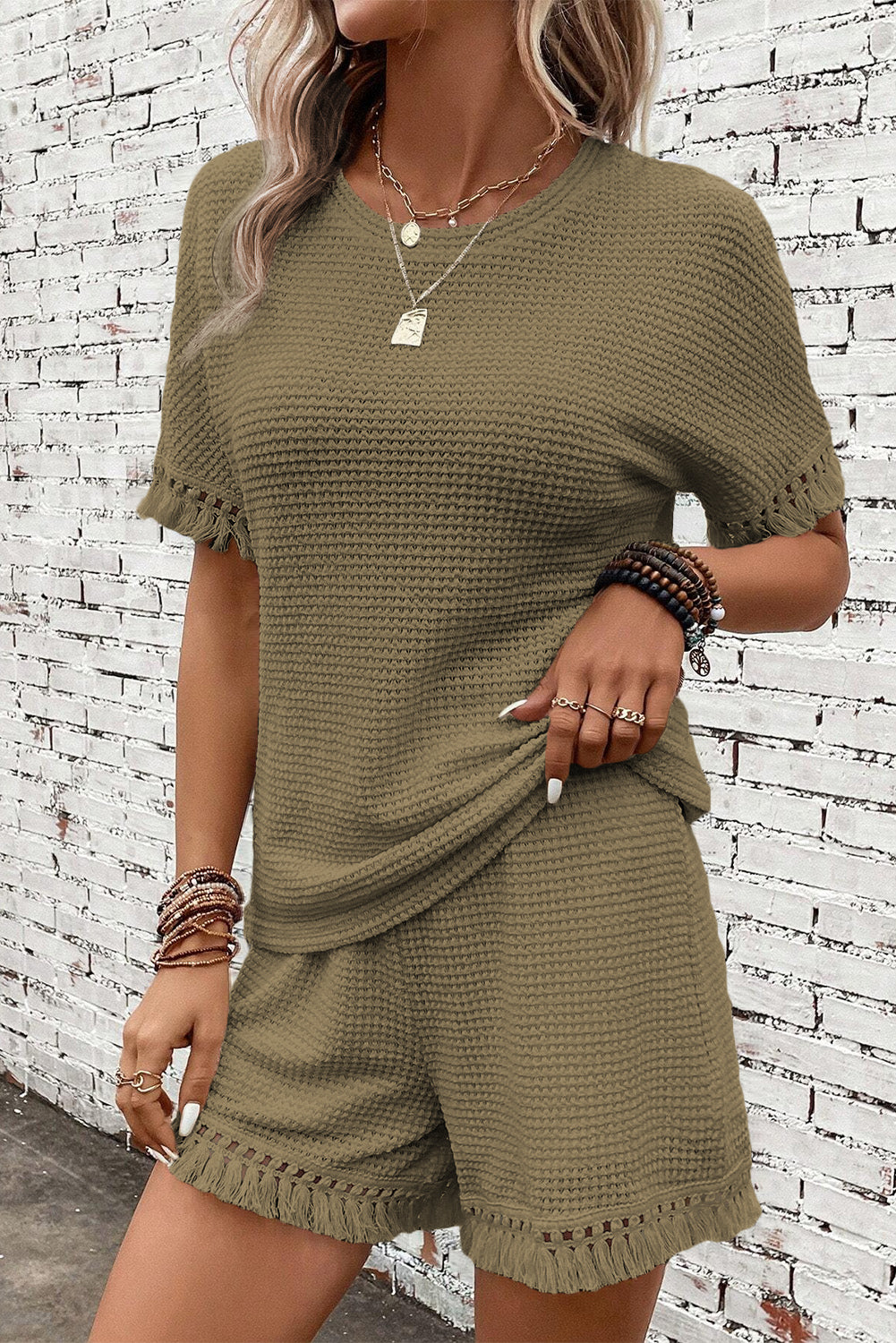 Beige Fringe Trim Textured Short Two Piece Set Co-ord BB Fashion Outlet