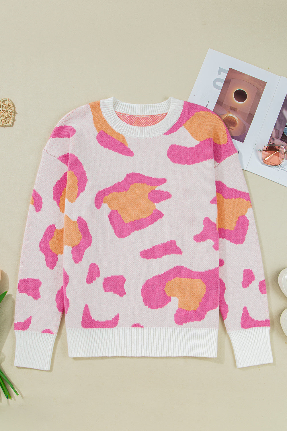 Pink Leopard Print Drop Shoulder Baggy Sweater eAura