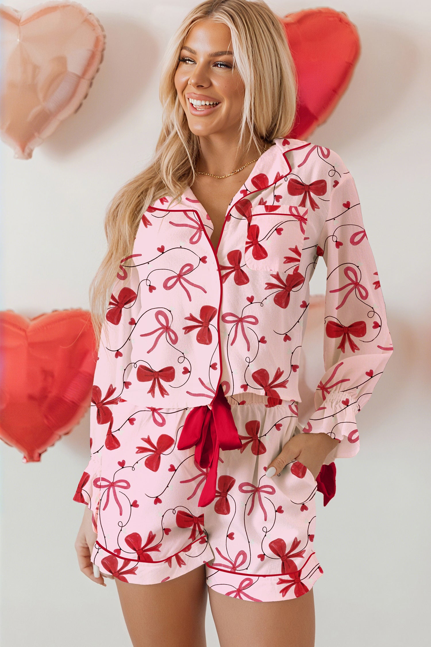 Bow Print Valentine Long Sleeve Shirt Shorts 2 Pcs Pajama Set – Red