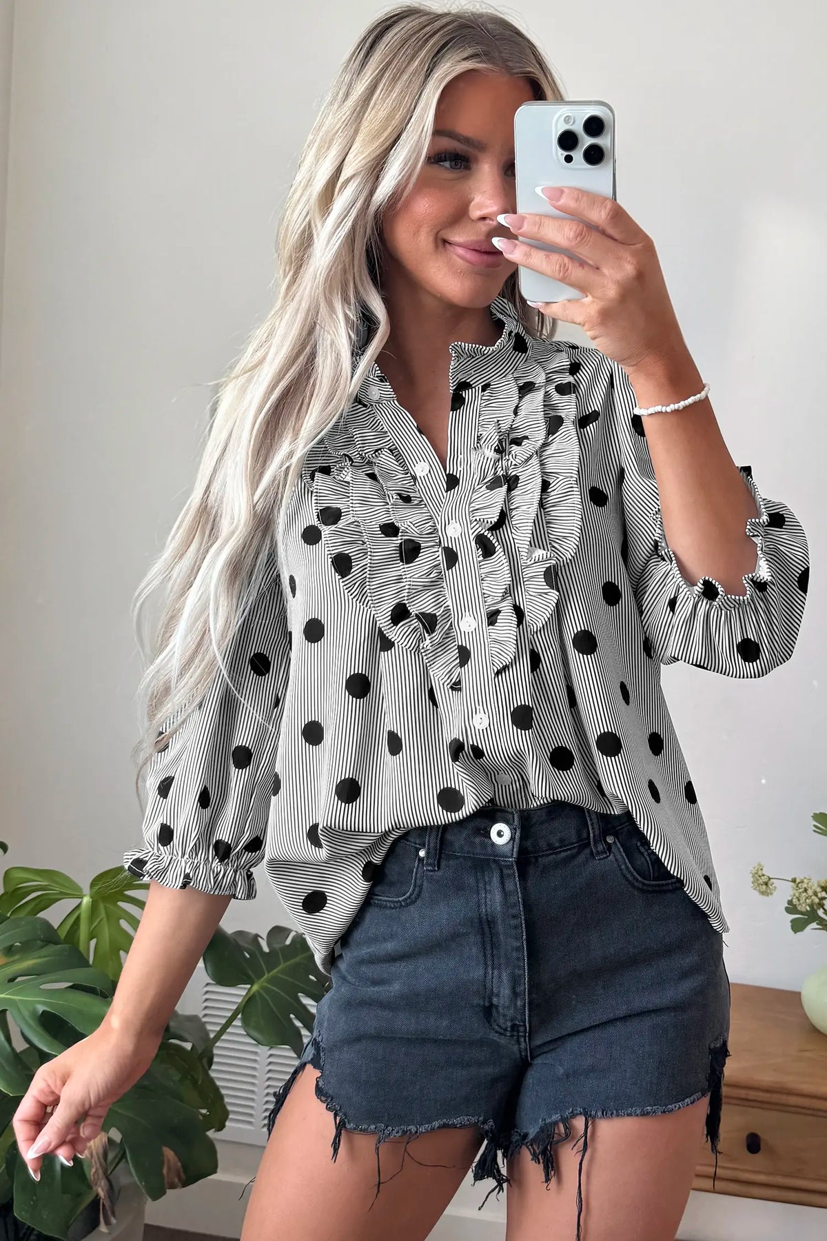 Polka Dot Striped Print Ruffle Stand Neck 3/4 Sleeve Shift Shirt – Black White