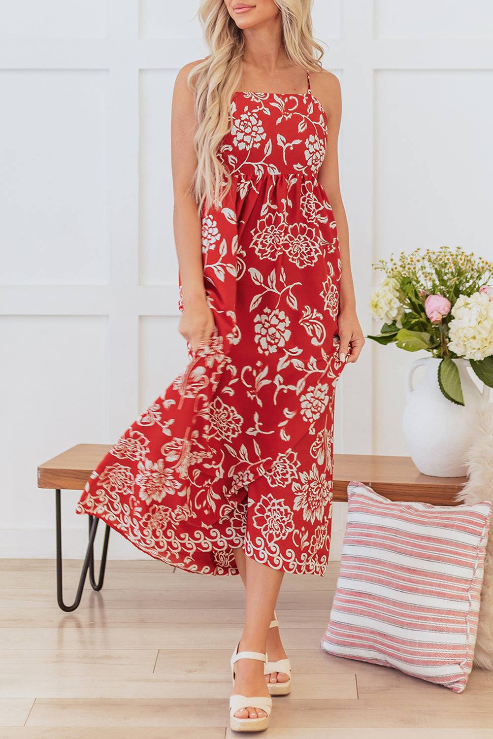 Red Floral Printed Spaghetti Strap Empire Waist Maxi Dress eAura