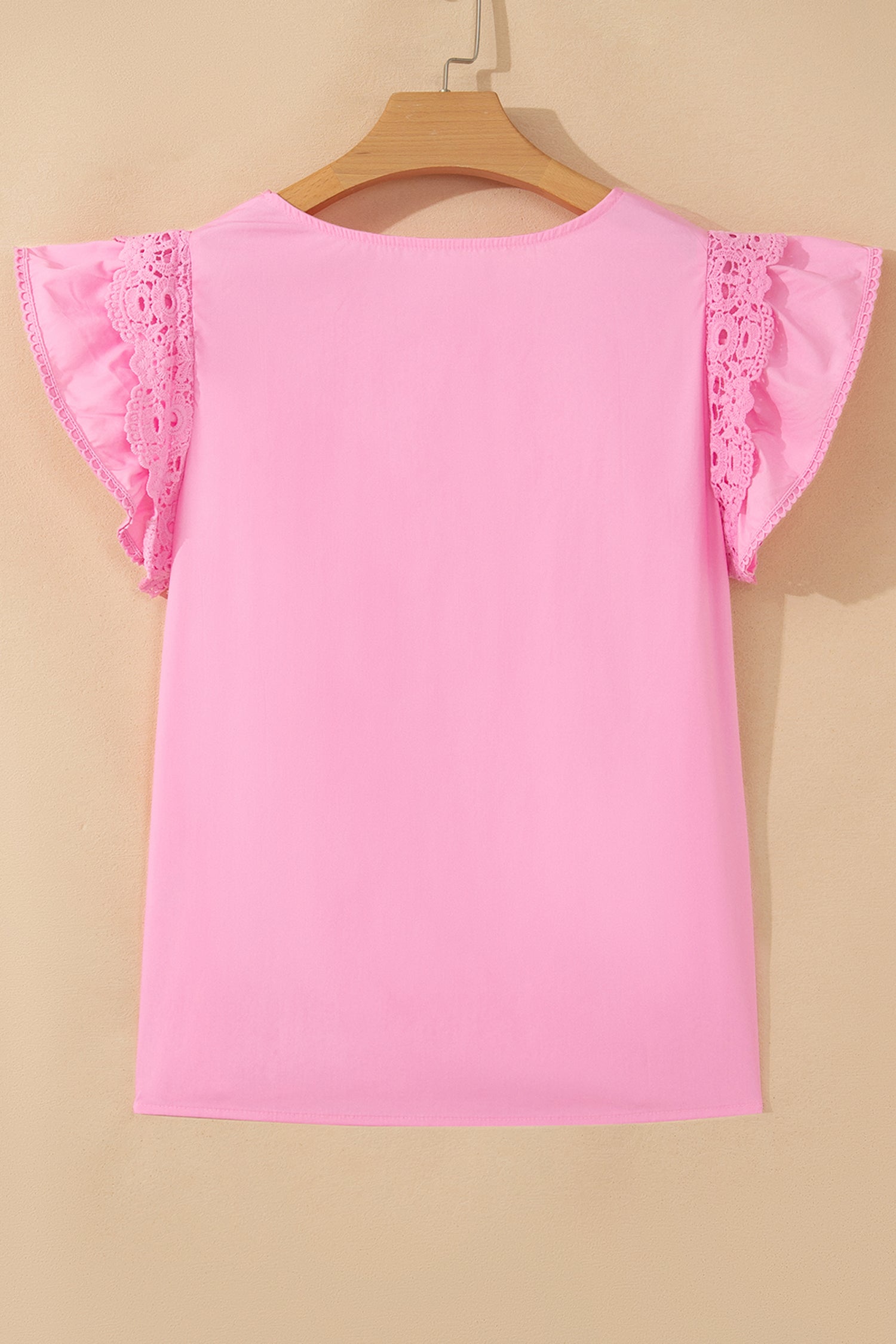 Bonbon Lace Detail Flutter Sleeve Pleated Round Neck Blouse – Pink