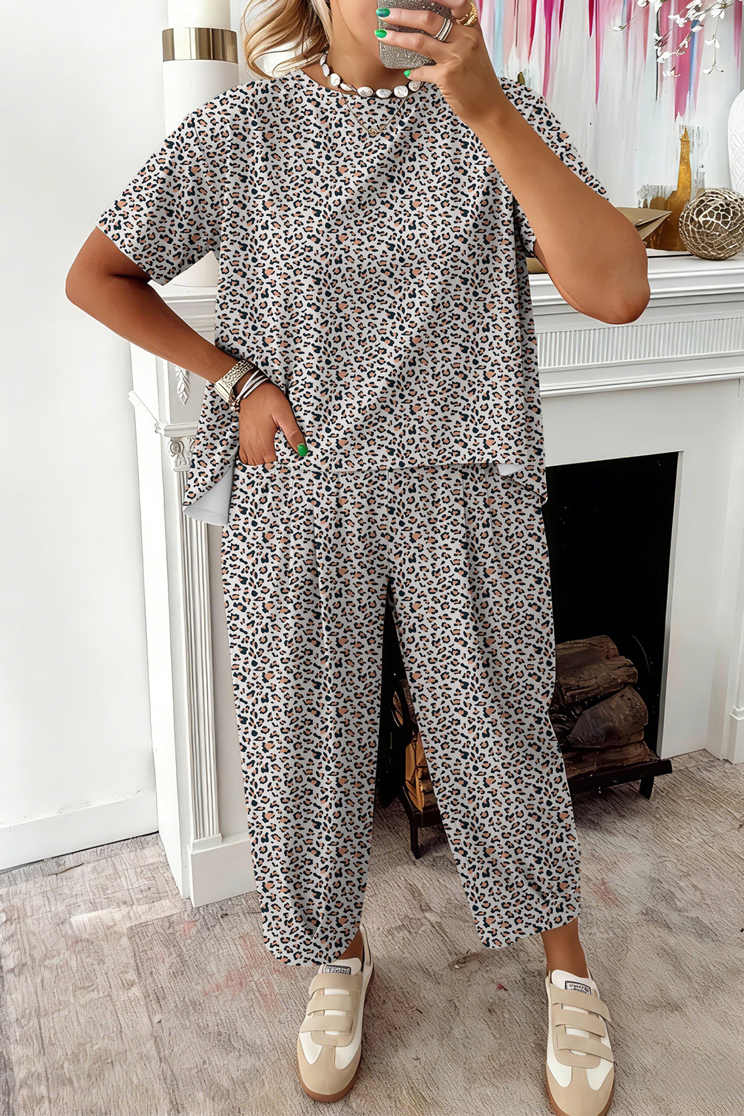 Leopard Print High-Low Tee & Wide Leg Pants Set – Brown