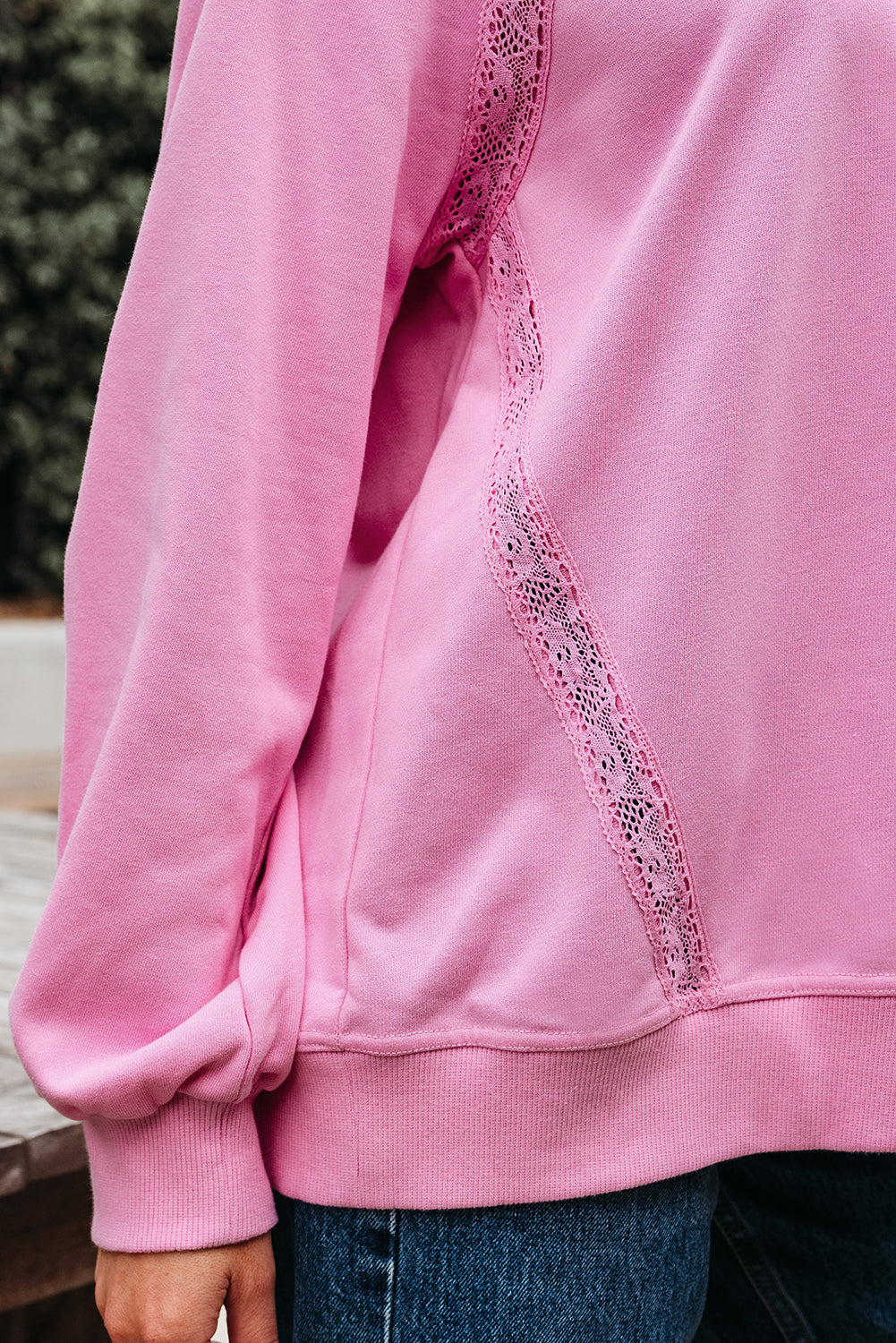 Pink Lace Patched Raglan Sleeve Loose Fit Sweatshirt