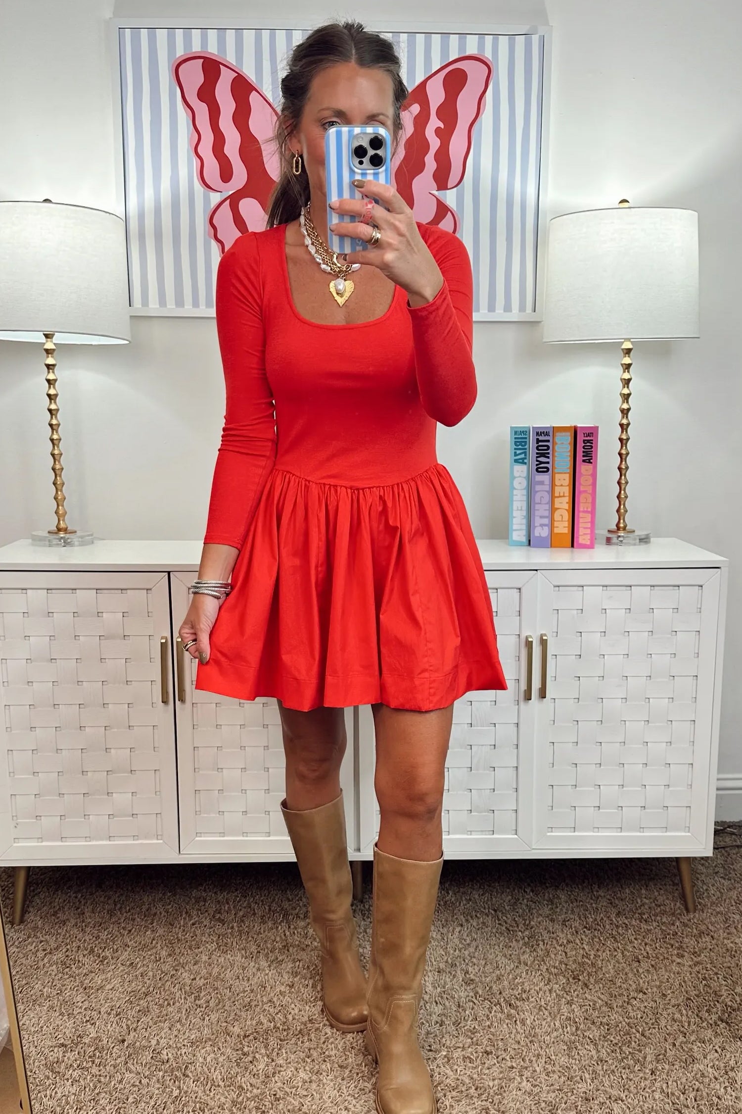 U Neck Long Sleeve Fit and Flare Short Dress – Fiery Red