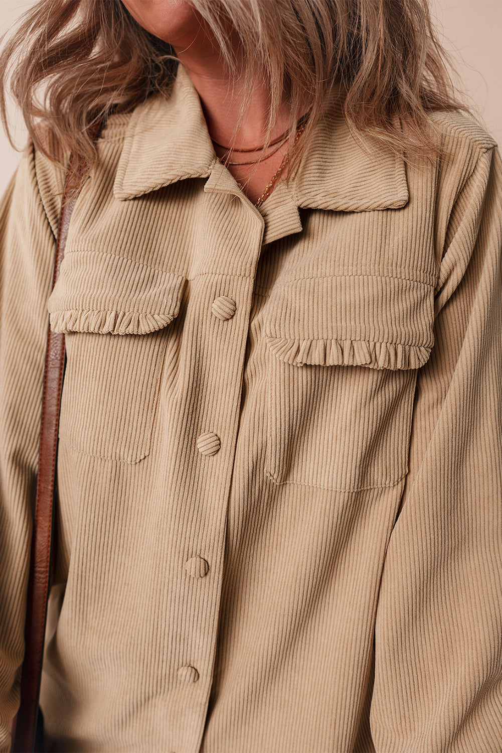Light French Beige Solid Frilled Flap Pocket Button Up Corduroy Shacket Beagle Boutique Fashion Outlet