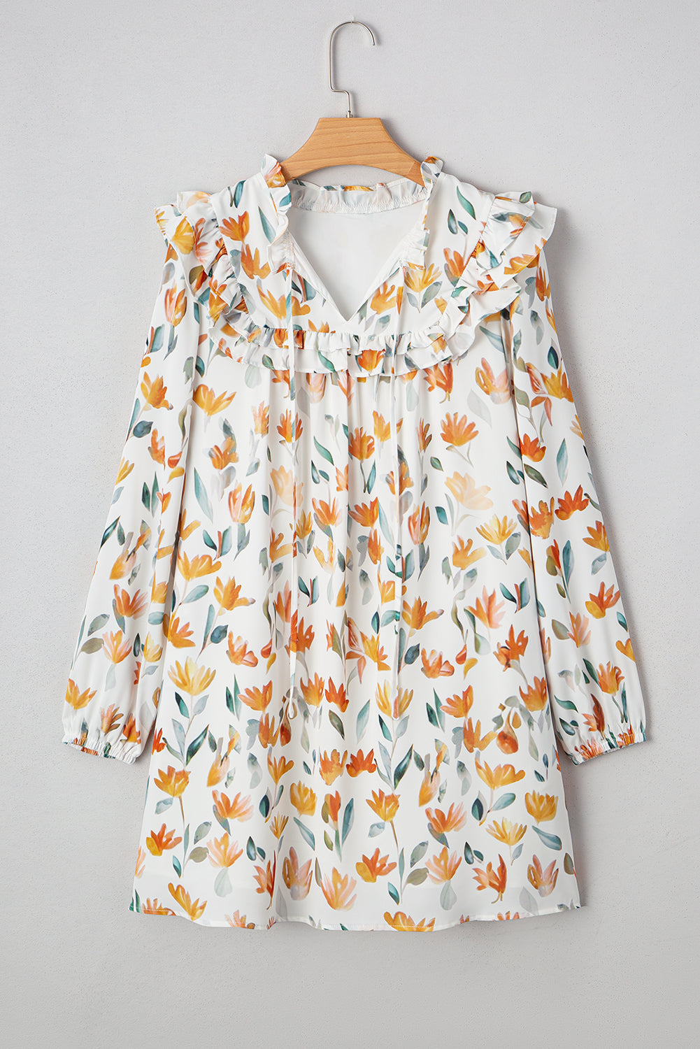 Yellow Floral Print Tie Neck Frilled Detail Long Sleeve Mini Dress Dear-Lover Dropshipping