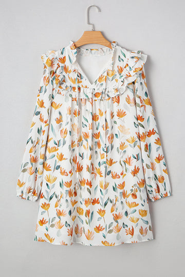 Yellow Floral Print Tie Neck Frilled Detail Long Sleeve Mini Dress eAura