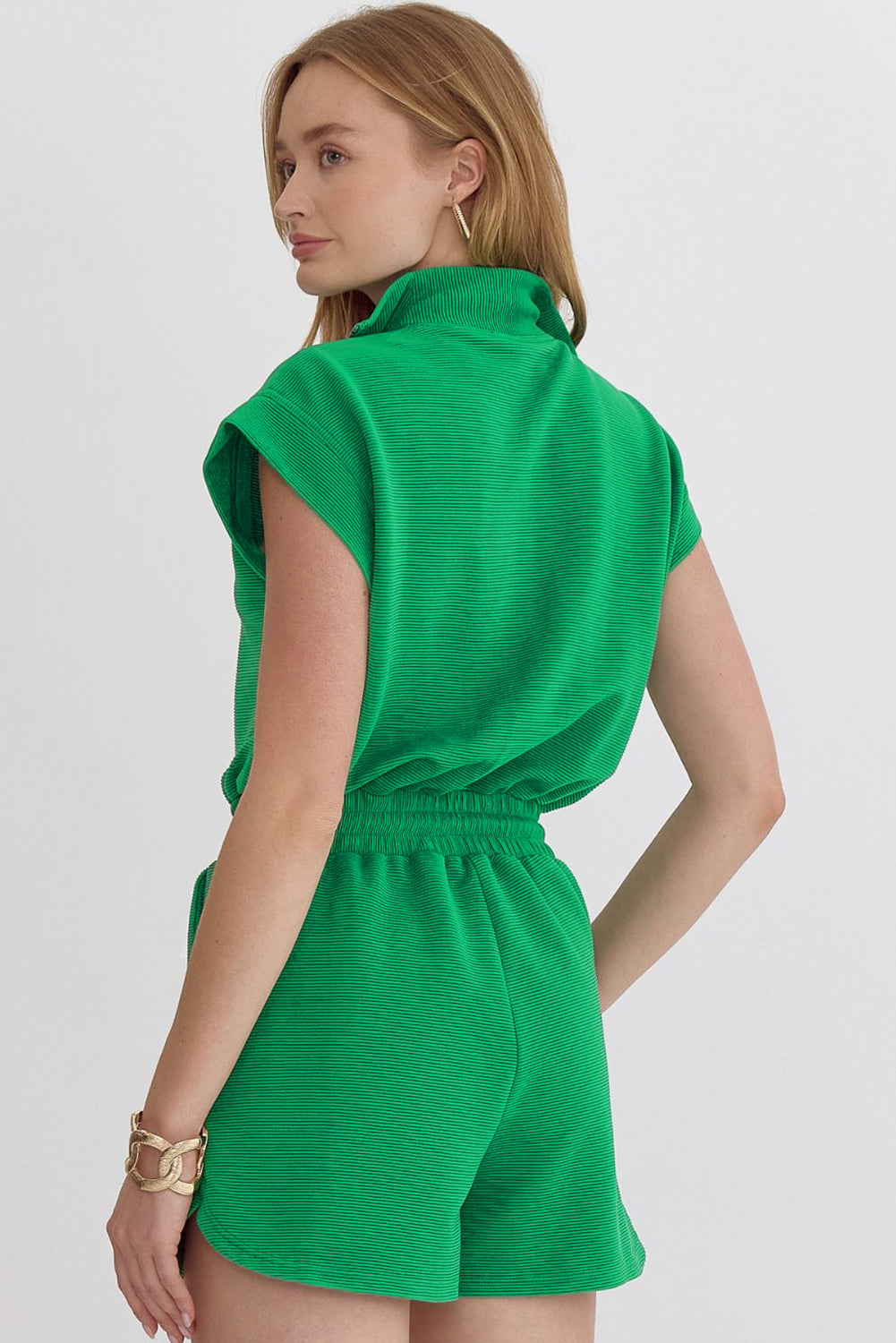 Bright Green Textured Short Sleeve Half Zip Drawstring Waist Romper eAura