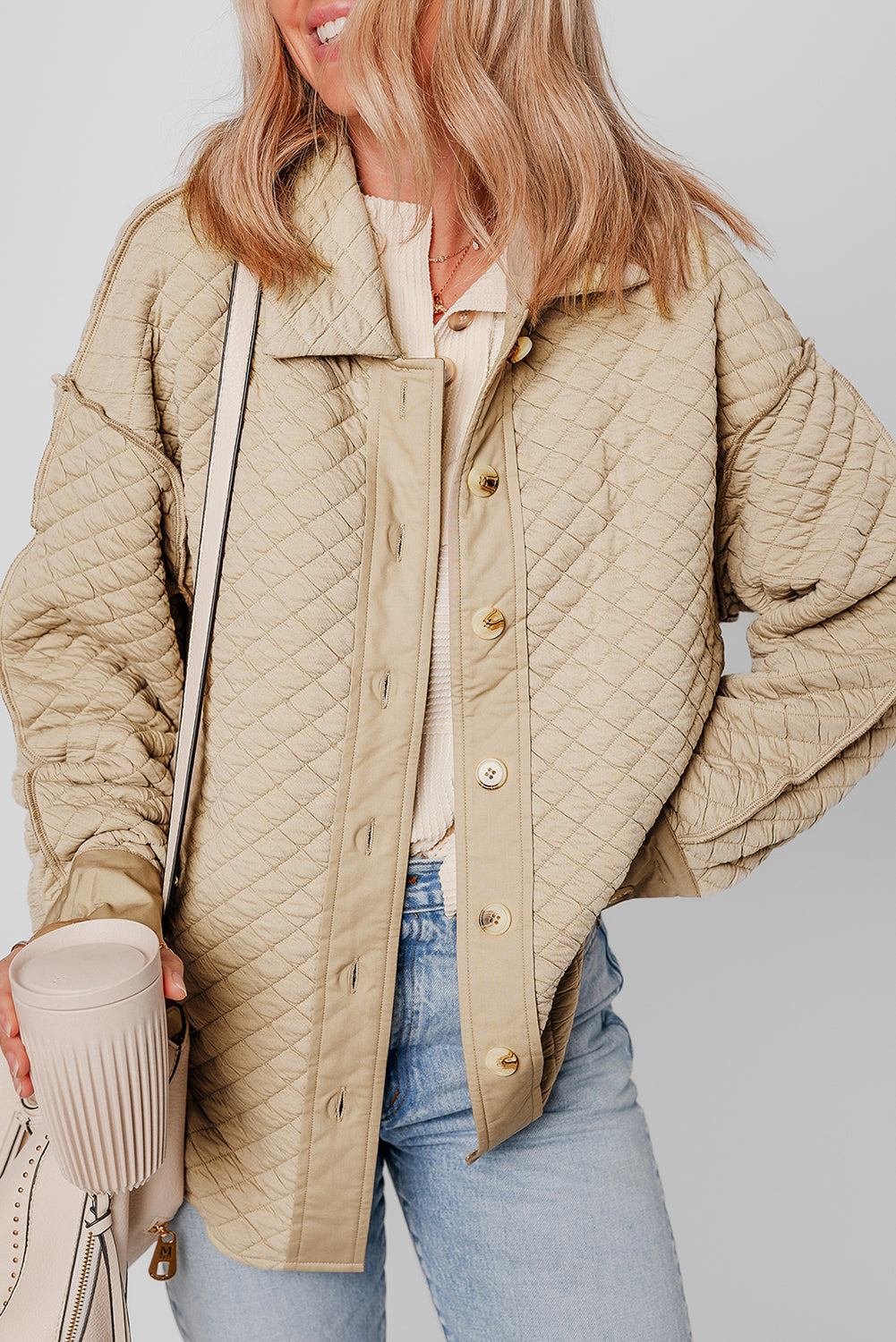 Jet Stream Solid Colour Quilted Puffer Buttoned Shacket eAura