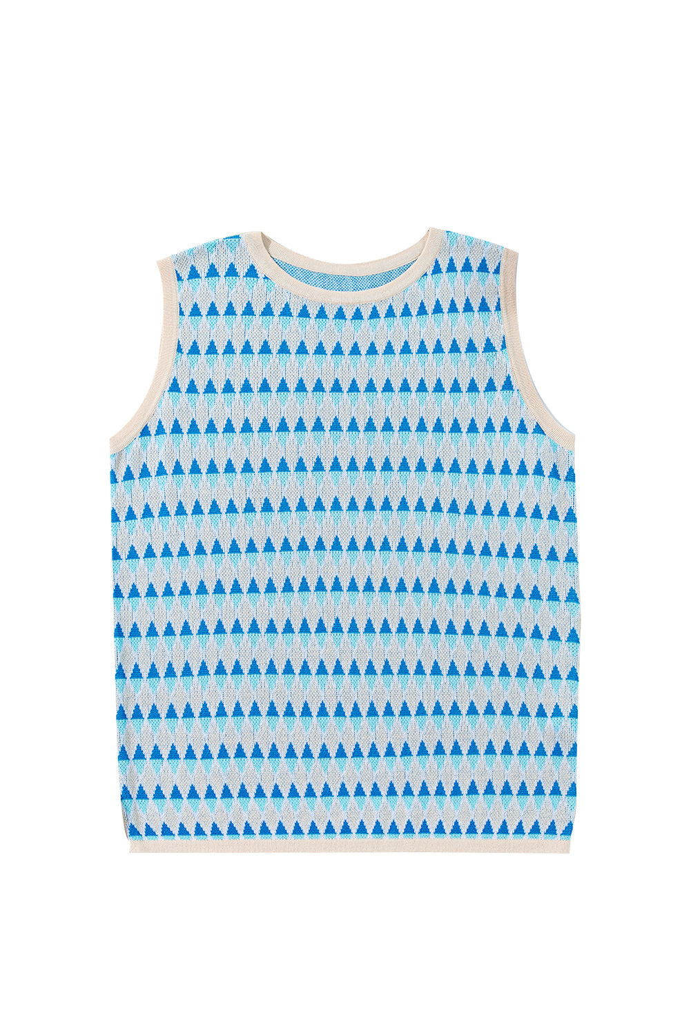 Sky Blue Stripe Geometric Print Round Neck Slim Fit Sweater Vest eAura