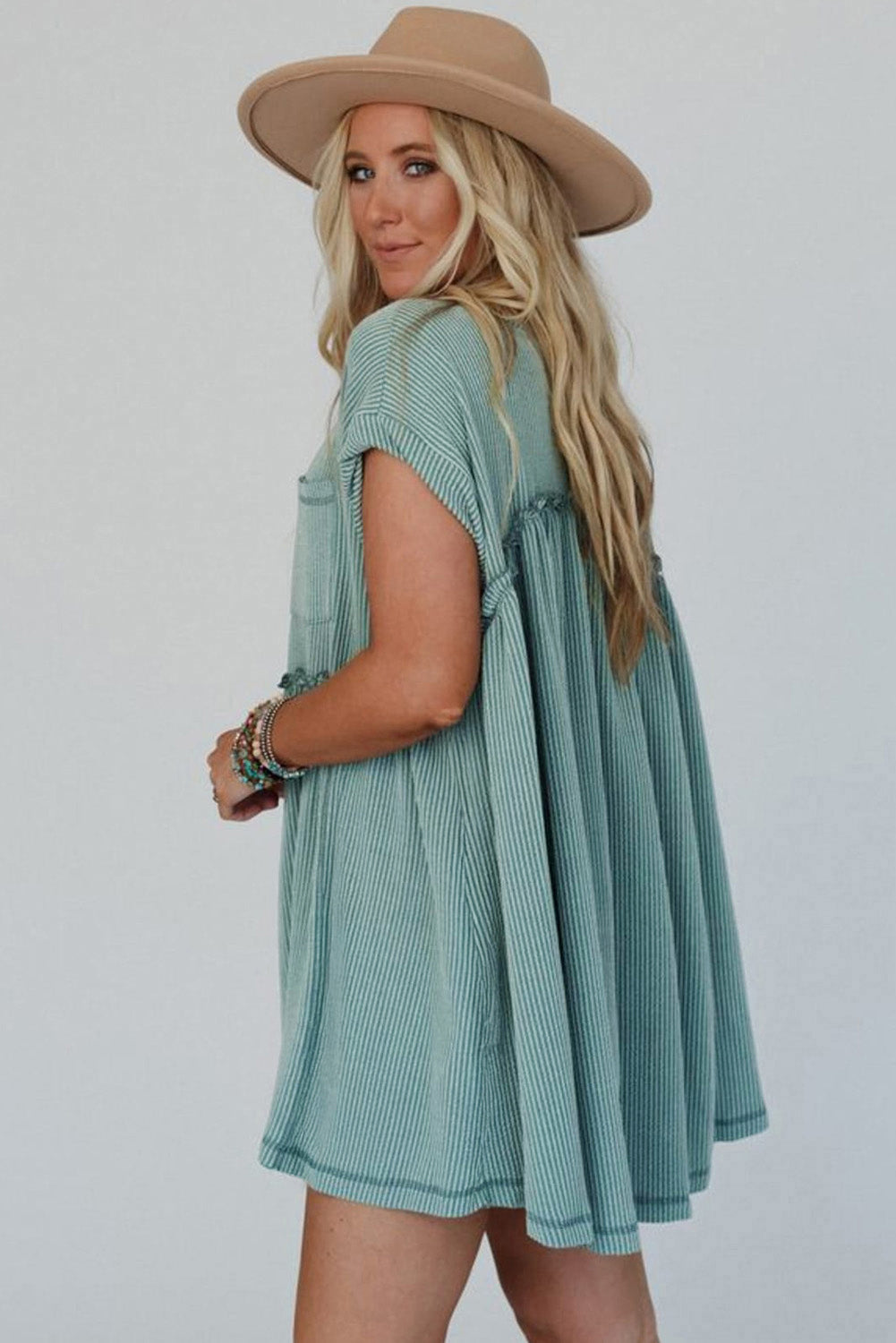Canton Ribbed Knit Textured Patched Pocket Frilled Swing Mini Dress with Pockets eAura