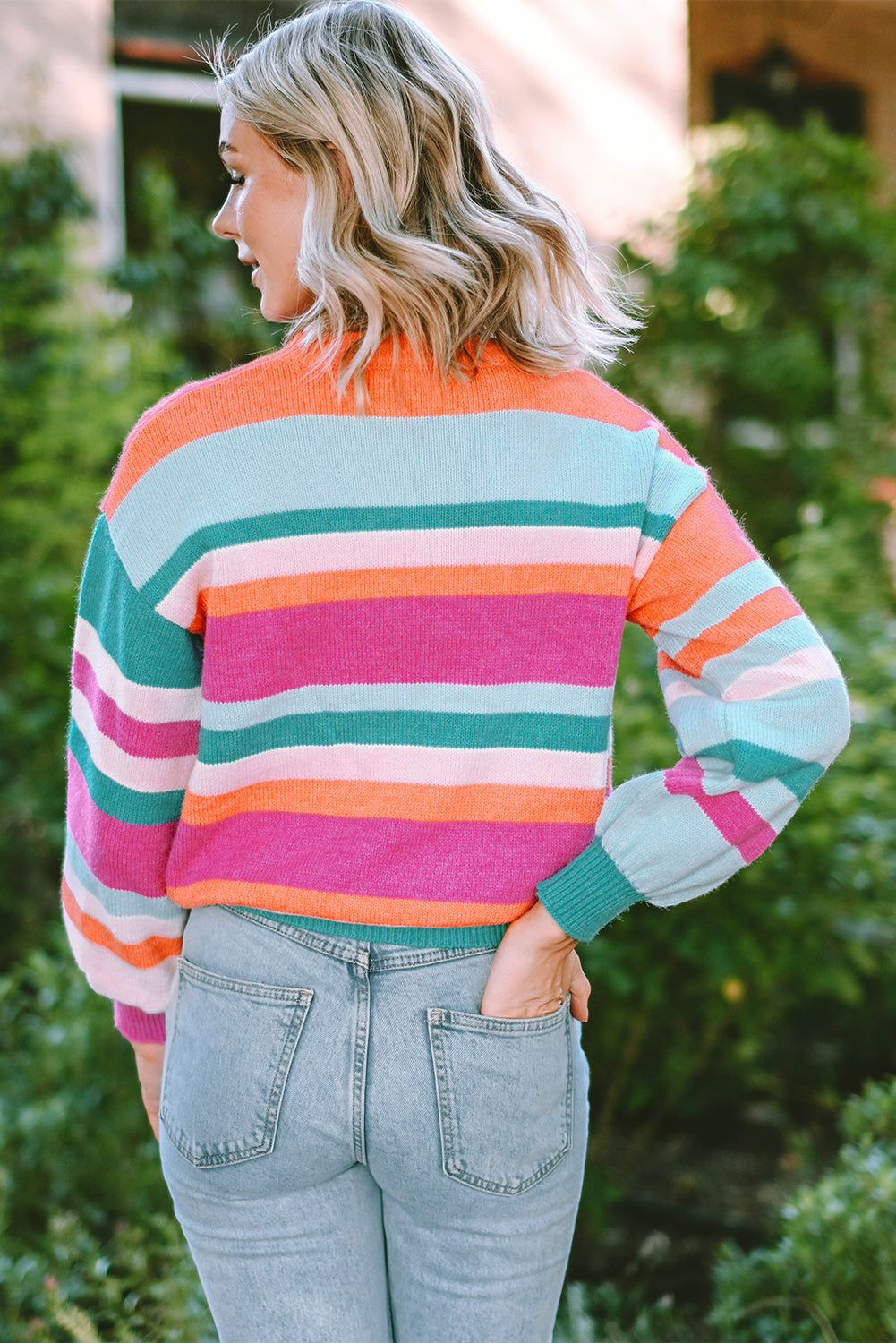 MultiColour Striped Knit Drop Shoulder Puff Sleeve Sweater eAura