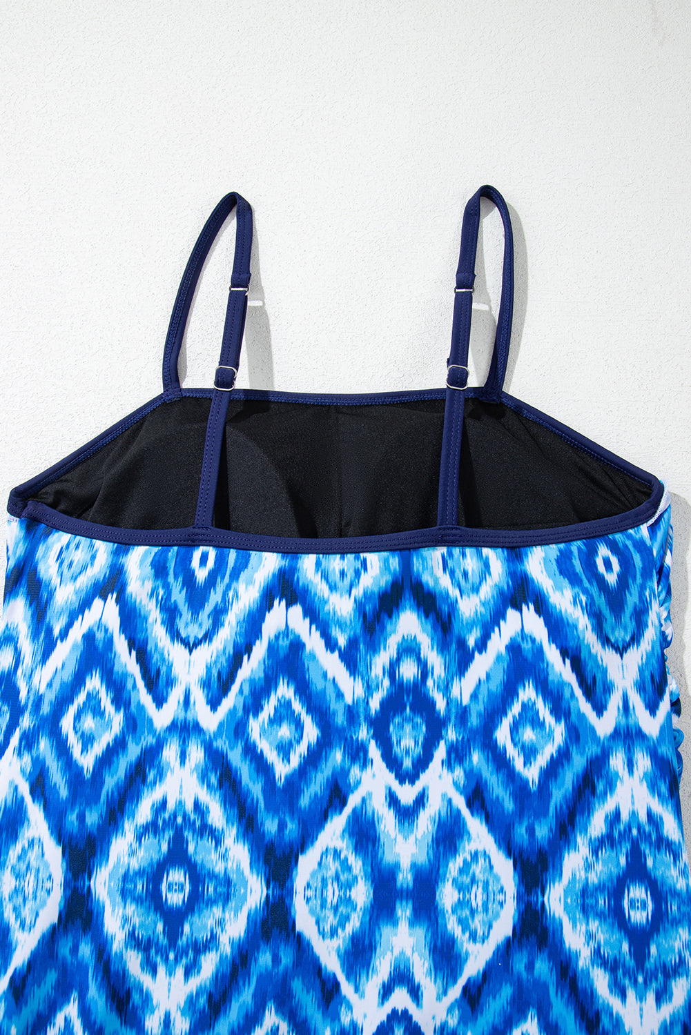 Navy Blue Abstract Print Frilled Trim Spaghetti Straps Tankini Set eAura