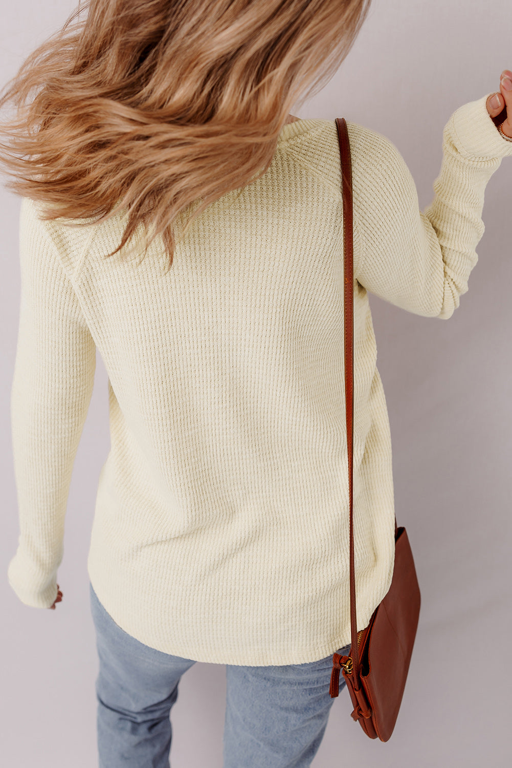 CreamTextured Half Buttons Henley Top - eAura