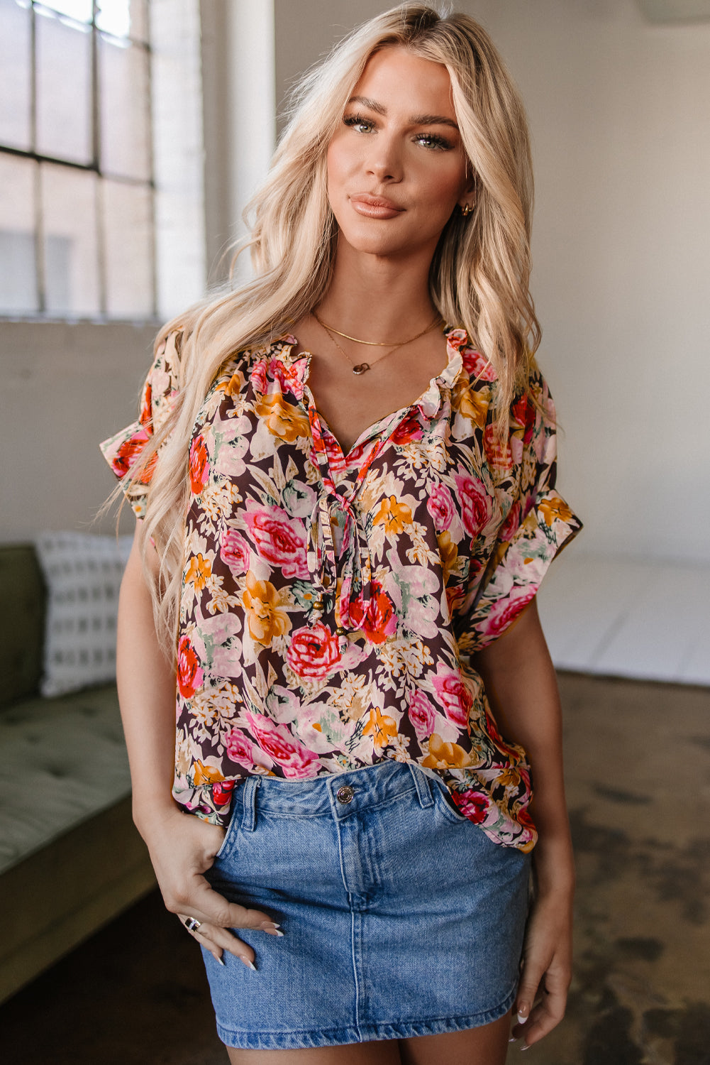 Pink Floral Print Crew Neck Short Sleeve Shift Blouse eAura