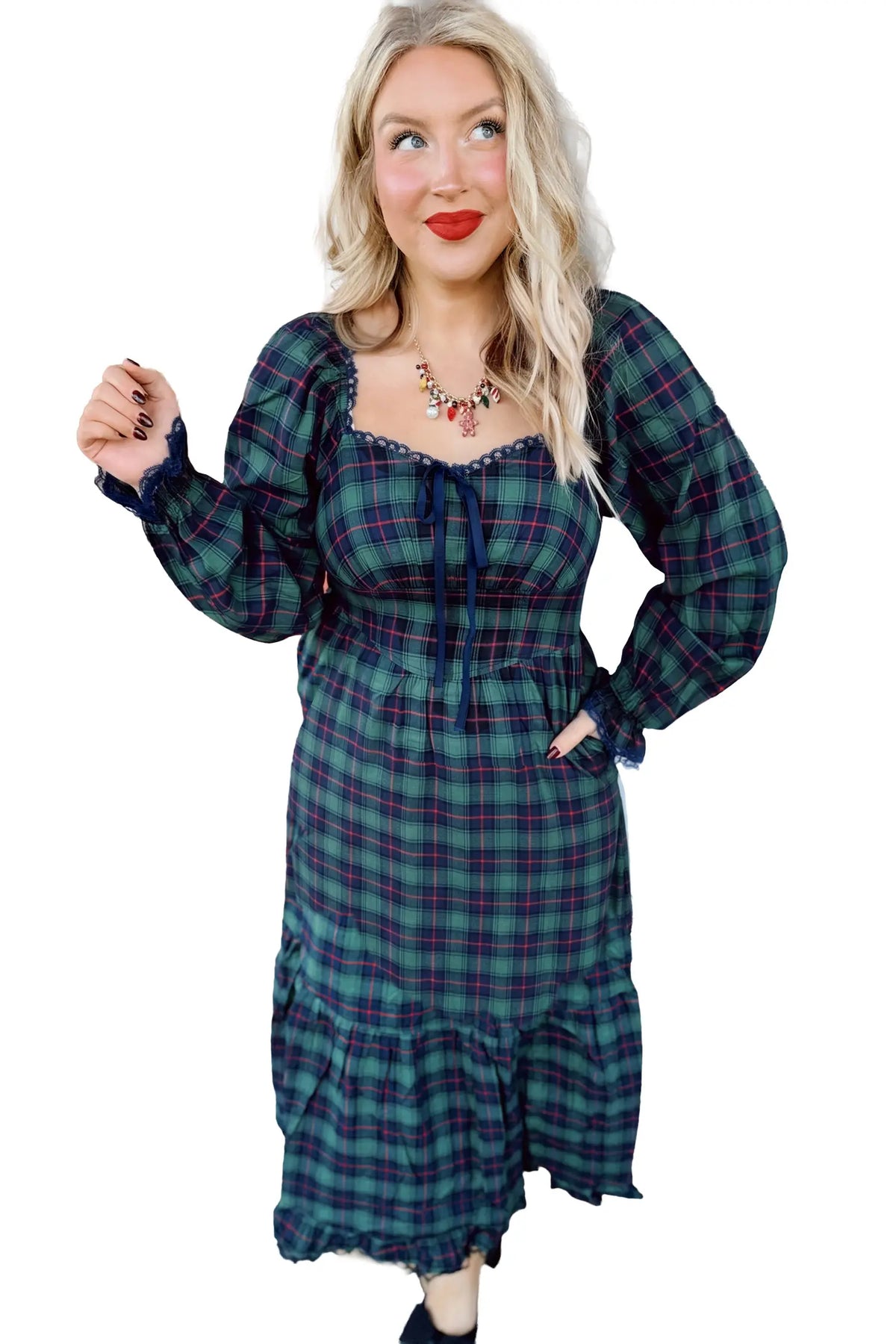 Vintage Plaid Square Neck Lace Trim Long Sleeve Shift Dress – Green