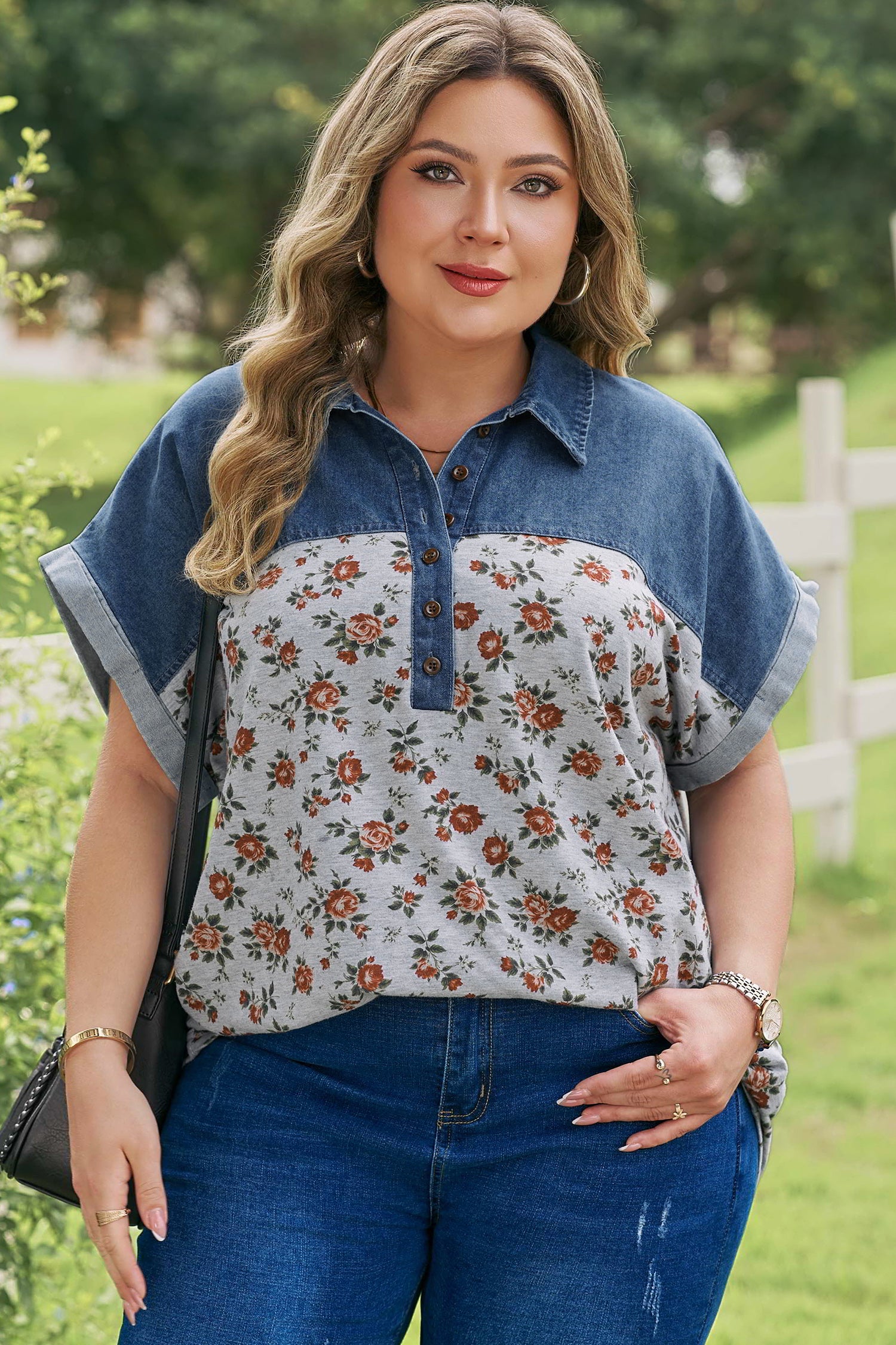 Retro Floral Print Denim Patchwork Plus Size Polo Tee