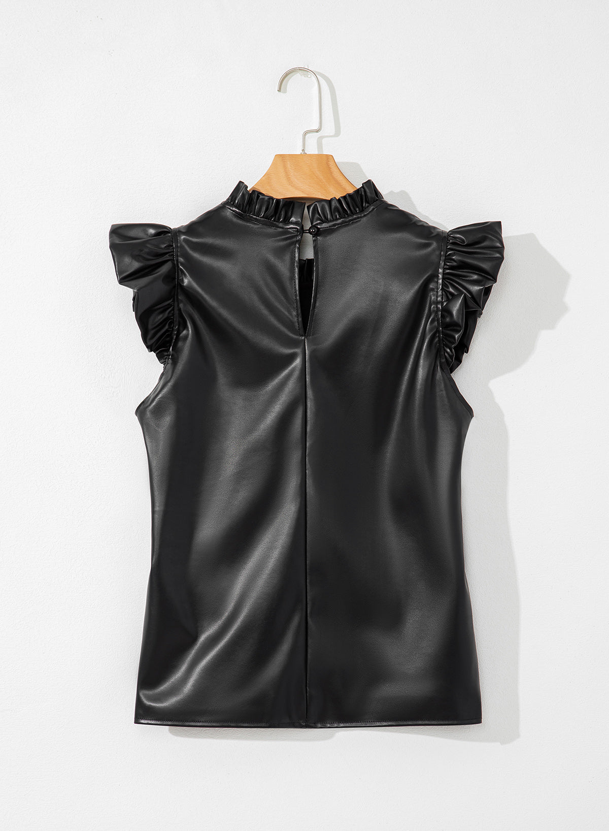 Black PU Leather Frilly Ruffle Trim Blouse eAura