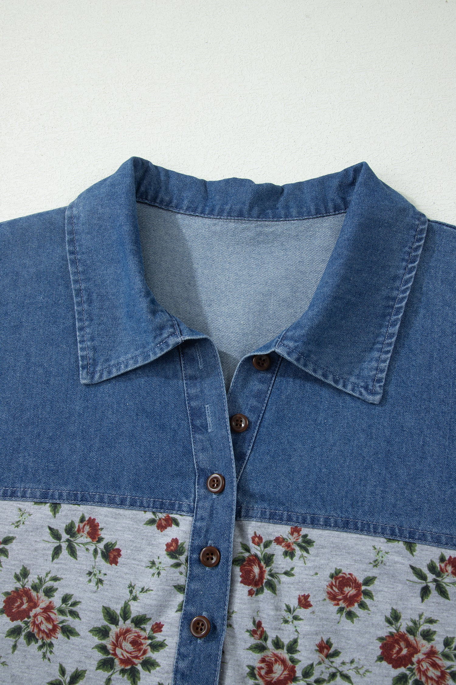 Retro Floral Print Denim Patchwork Plus Size Polo Tee