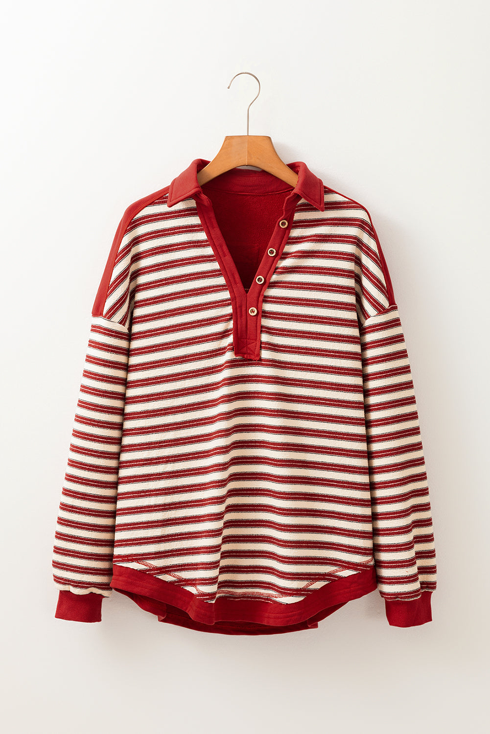 Red Stripe Buttoned V Neck Collared Drop Shoulder Top Beagle Boutique Fashion Outlet