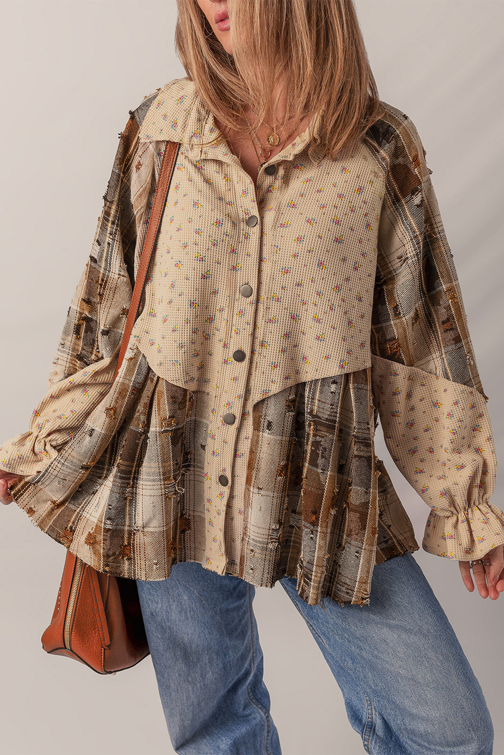 Boho Floral Plaid Patchwork Distressed Detail Ruffled Sleeve Waffle Knit Shacket - eAura