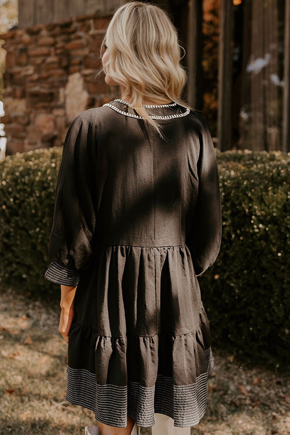 Contrast Stitched V-Neck 3/4 Sleeve Tiered Mini Dress - eAura