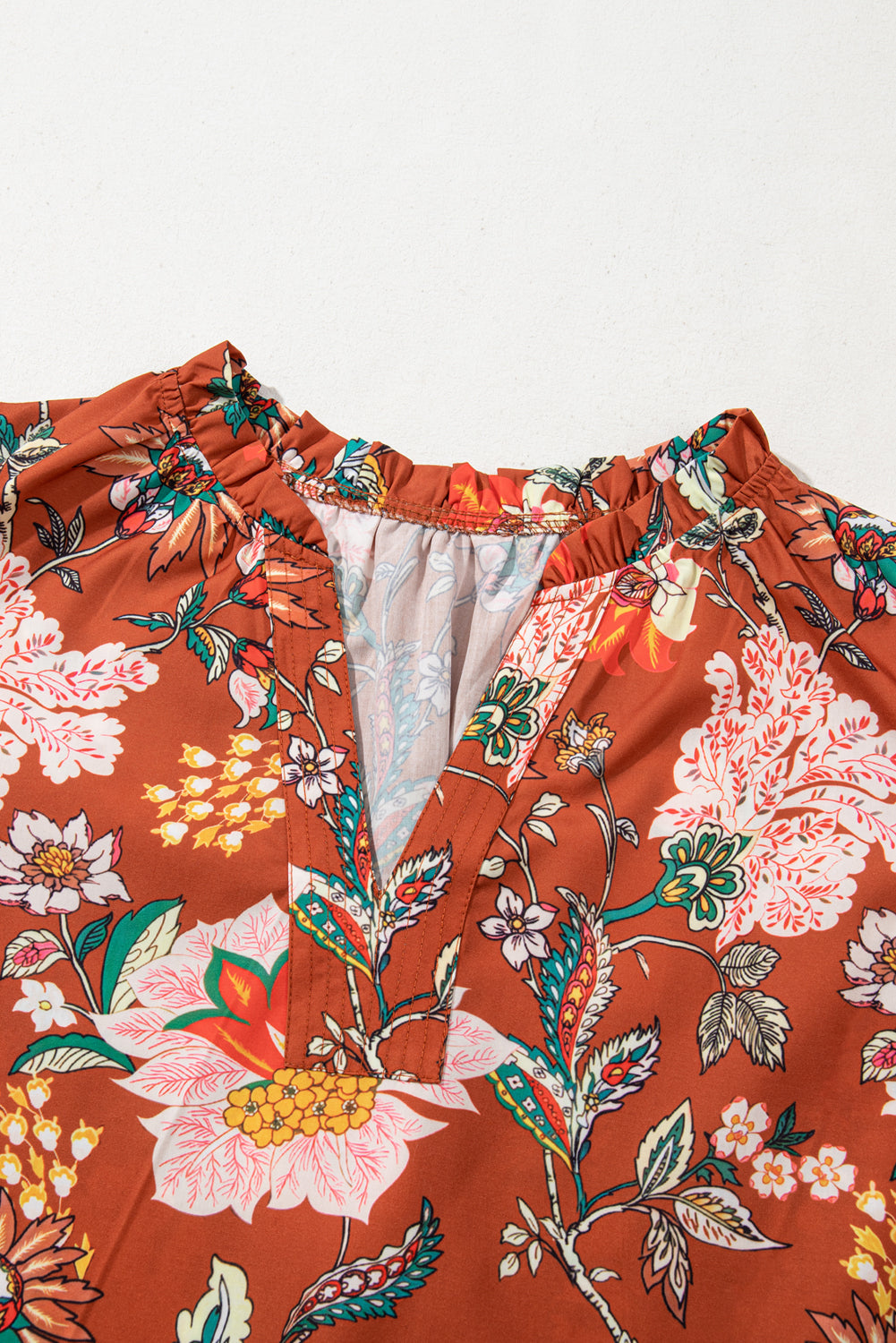 Brown Floral Stitched V Neck Frilled Trim Puff Short Sleeve Blouse BB Fashion Outlet